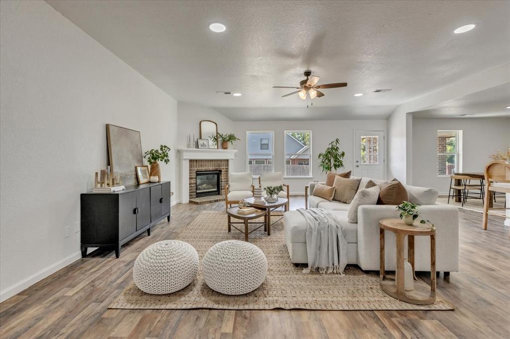 Beautiful home in prime Edmond location, and seller offering $5,000 in concessions with acceptable offer! This 4-bedroom, 2-bath home blends modern style with everyday comfort. Enjoy an open, welcoming floor plan with fresh paint, new flooring, and updated lighting throughout. The kitchen features granite countertops, stylish lighting, and stainless steel appliances, including a new dishwasher. Both bathrooms are completely modern with chic new tile, upgraded countertops, and new lighting, making them feel like you've stepped into a spa! Three spacious secondary bedrooms offer flexibility for guests, a home office, or hobby space. The primary suite is large and connects to the primary bathroom. With its stylish updates, walk-in shower, and tub making it feel like your own oasis. Outside, a large covered patio and generous lawn provide the perfect space for entertaining or outdoor fun. If you are looking for a move in ready home, this is it!!