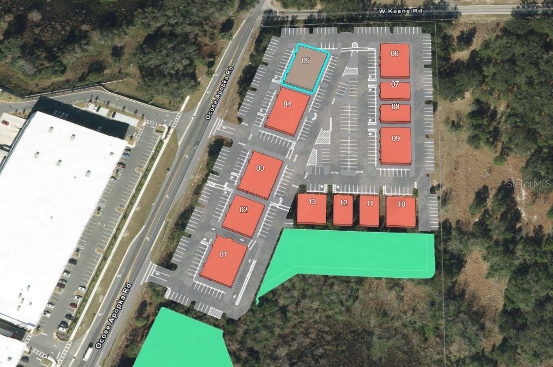 Under Construction. Building #05 is available for purchase at Lake Carter Exchange, a distinguished mixed-use development in Apopka’s East Shore at the intersection of Ocoee-Apopka Road and W Keene Road. In addition, this building is on the corner and has visibility from both roads. This dark gray shell retail building features a customizable interior, shared patio space and dedicated end-unit patio space. The shell delivery provides buyers with maximum flexibility to design the interior layout, with four front entrances supporting up to four unique suites. The development is strategically located less than one mile from Advent Health’s seven-story, 120-bed hospital and opposite a new Publix Supermarket development. Situated in the vibrant East Shore trade area, which includes 5,000 planned residences and an average household income above $100k, this Class A property is perfectly positioned for businesses targeting growth in Central Florida’s second-fastest-growing city. Contact us for pricing details/incentives and to schedule a tour of this exceptional commercial opportunity.