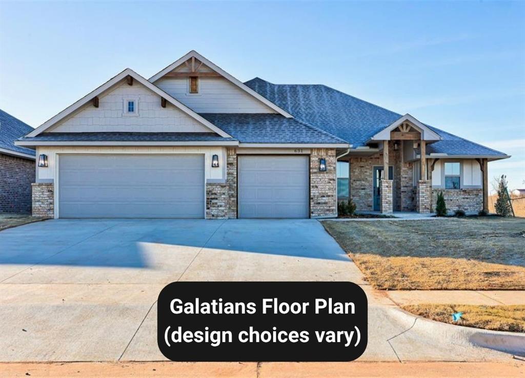 Ask about our incentives! The Galatians floor plan offers 2,117 square feet of thoughtfully designed living space with 4 bedrooms, 2.5 bathrooms, a private study, and a 3-car garage. The open-concept layout connects the living room, kitchen, and dining area, featuring a large island, walk-in pantry, and mudroom for everyday convenience. The primary suite includes a spacious bedroom, spa-style bathroom with dual vanities and a soaking tub, and a walk-in closet with direct access to the laundry room. Three secondary bedrooms and a dedicated study provide flexibility for families or remote work, while the covered back patio creates the perfect outdoor retreat. The Galatians combines modern functionality with classic Oklahoma style.