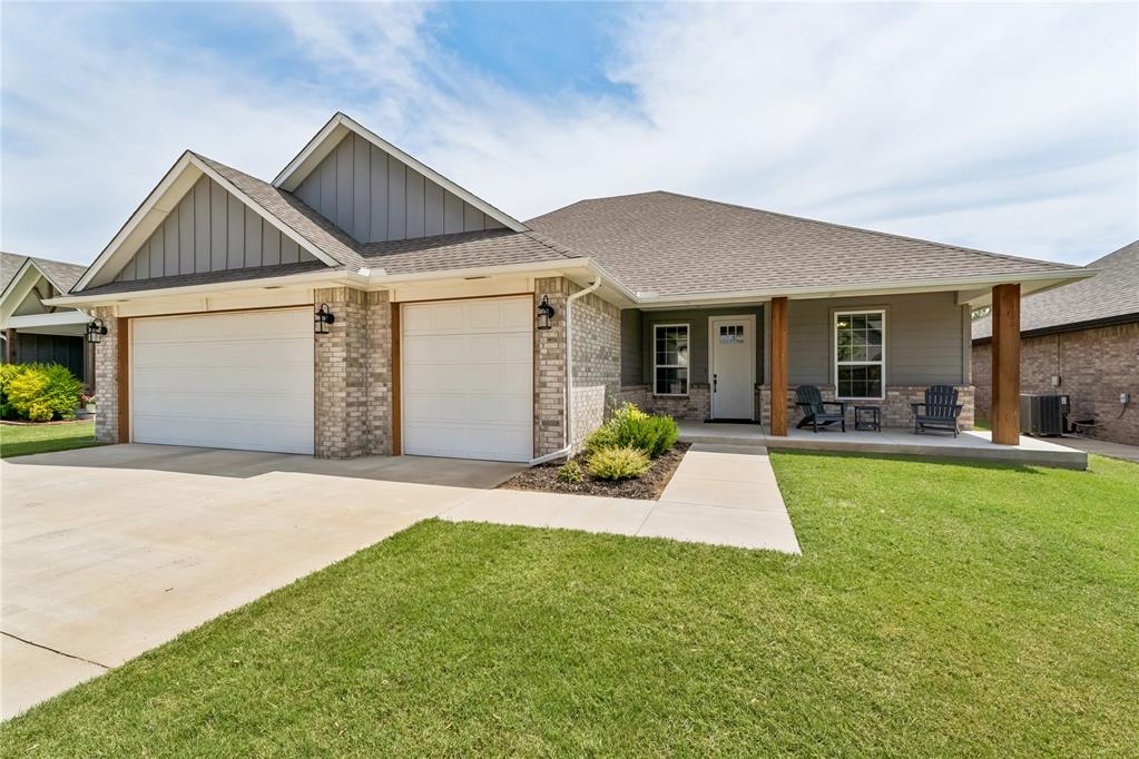 Discover this beautiful 4-bedroom, 2-bath home in the sought-after Monterey addition, featuring a desirable open-concept floor plan, a three-car garage, and exceptional curb appeal. The inviting covered front porch with wood accent beams, manicured lawn, and low-maintenance landscaping create a warm welcome.Inside, you'll appreciate the open layout with soaring 10-foot ceilings, durable wood-look tile flooring, abundant recessed lighting, and large living room windows that fill the space with natural light. A cozy gas-log fireplace creates the perfect gathering spot for family and friends.The well-designed kitchen showcases elegant quartz countertops, pendant lighting, a chandelier over the dining area, stainless steel appliances, a four-burner GE gas cooktop with griddle, double ovens, vent hood, dishwasher, garbage disposal, and a refrigerator that stays with the home. A functional layout provides excellent flow for everyday living and hosting guests.The flexible fourth bedroom is ideal for a home office, guest room, or hobby space. The spacious primary suite features a ceiling fan and a luxurious en-suite bath complete with a deep soaking tub, walk-in shower with bench, double vanity, and a private water closet.Additional conveniences include a well-equipped laundry/mudroom with built-in cabinetry and countertop workspace. This thoughtfully designed home combines style, comfort, and functionality in one exceptional package. Schedule your private showing today!