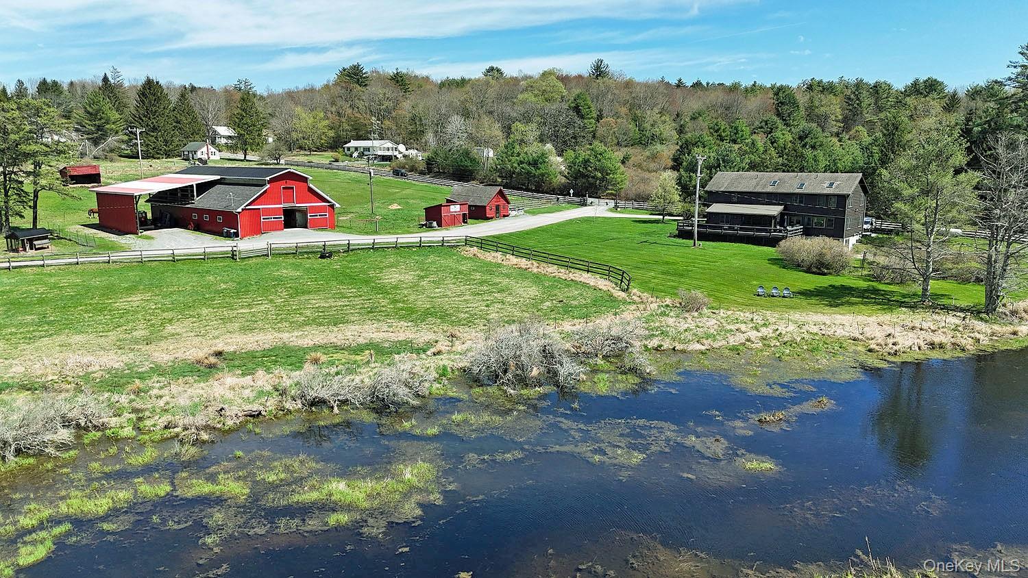 Taken from across the neighboring pond: looking back at home and barns.