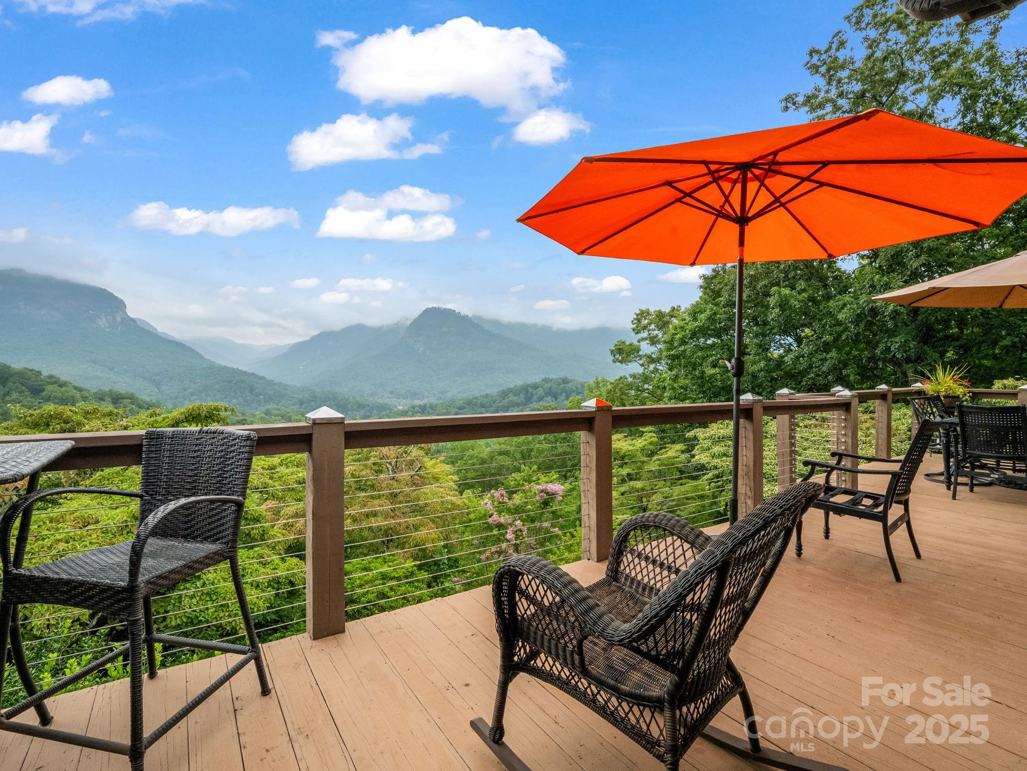Positioned at the end of a cul-de-sac on 1.59 acres, this residence offers unobstructed, year-round views of Chimney Rock and Hickory Nut Gorge. The open layout features hardwood floors, two stone wood-burning fireplaces, a massive granite kitchen island, stainless steel appliances and sliding glass doors framing panoramic mountain vistas. The main level includes three bedrooms and three baths, including a primary suite with a walk-in closet & dual vanities. The lower level offers additional bedroom currently used as an office, spacious den & storage. Outdoor living is elevated with an expansive deck, covered screened porch, & grilling nook with mature landscaping with trails throughout. A detached two-car garage and ample driveway parking complete the offering. Located minutes from Lake Lure & Chimney Rock Village, this property blends privacy, scenic beauty and convenience—an ideal full-time residence or refined mountain retreat. No POA fees & could make a fantastic vacation rental!