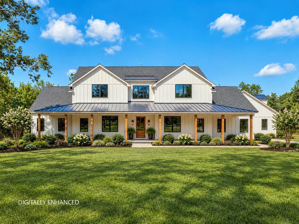 Beautiful modern farmhouse sits majestically on a 4.35 acre wooded lot! As you arrive, you'll quickly observe the full-size front porch! Actually, there are approx. 1,500sf of porches front and back, wide enough to hold multiple tables, chairs, or rocking chairs. This property has so many custom details thru out and architectural interest with a 20' entry ceiling, Pella windows and custom doors, to name a few. This home has 6 bedrooms; the lovely primary bed and bath is on the main floor. It has an oversized shower and gracious soaking tub, two vanity areas. There are two additional bedrooms on the other side of the house with a full bath downstairs plus a powder bath. Upstairs there is a large, open living area as well as three other good-sized bedrooms with windows to look out of and dream! I'd have to say every window has a pastoral view of this property!  Every home has a heart, and this one is the large living area combined with an expansive open kitchen!  If you enjoy entertaining and love cooking this one's for you! Every detail was thought thru carefully from someone who loves to cook when designing this kitchen! Lovely cabinets and lots of storage and a big farm sink overlooking the backyard! The quartz island is approximately 5'x10' with a salad sink and there is room for lots of stools; the island has storage on both sides! Kitchen Aide appliances and engineered wood flooring thruout the living areas. There is an additional room with pantry, room for additional refrigerator & freezer, drawers, cabinets with adjustable shelving plus a mudroom area for coats and shoes. This room has over 10' of quartz countertop space and this area is a real work horse of a room! Separate laundry room with deep sink, storage and it has an 8' quartz countertop space also! Navien tankless hot water provides endless hot water. Home has water filtration system as well as another bathroom in the garage. A private retreat for your family to spread out, explore, and make memories!