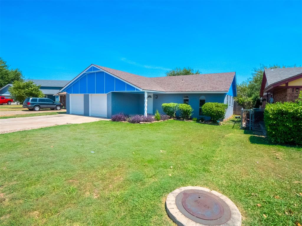 Welcome to this well-maintained 3-bedroom, 2-bath home offering numerous interior, exterior, and energy-efficiency improvements. The remodeled kitchen features updated countertops, adjusted cabinetry, and vinyl tile flooring. The front bathroom has also been refreshed with updated fixtures, surfaces. and plumbing valve repairs. Fresh interior paint completed in 2026 highlights the dining room wainscoting, while wood-look vinyl flooring extends through the dining and main living areas. One-bedroom features brand-new carpet. Major improvements include a new roof, energy-efficient windows, exterior entry doors, and two overhead garage doors, all completed in 2021. The exterior was freshly painted in 2026, with additional updates including brick tuck-pointing, repaired wood trim, updated fascia and soffit, and fresh caulking around exterior doors and windows. Perimeter grading was corrected and soil added to promote positive drainage away from the foundation. The home has completed three consecutive years of professional weatherization through OG&E, including air sealing and thermal-envelope insulation improvements. The HVAC system has been professionally serviced and maintained, with additional plumbing and drain-line servicing completed. For added security and peace of mind, the home is equipped with an ADT monitored security system featuring an outdoor surveillance camera, monitored smoke detectors, entry and window sensors, and a security control panel. Updated standalone smoke and carbon monoxide detectors are also installed throughout. Conveniently located near shopping, dining, and I-35 access, this move-in-ready home combines comfort, security, and extensive updates.