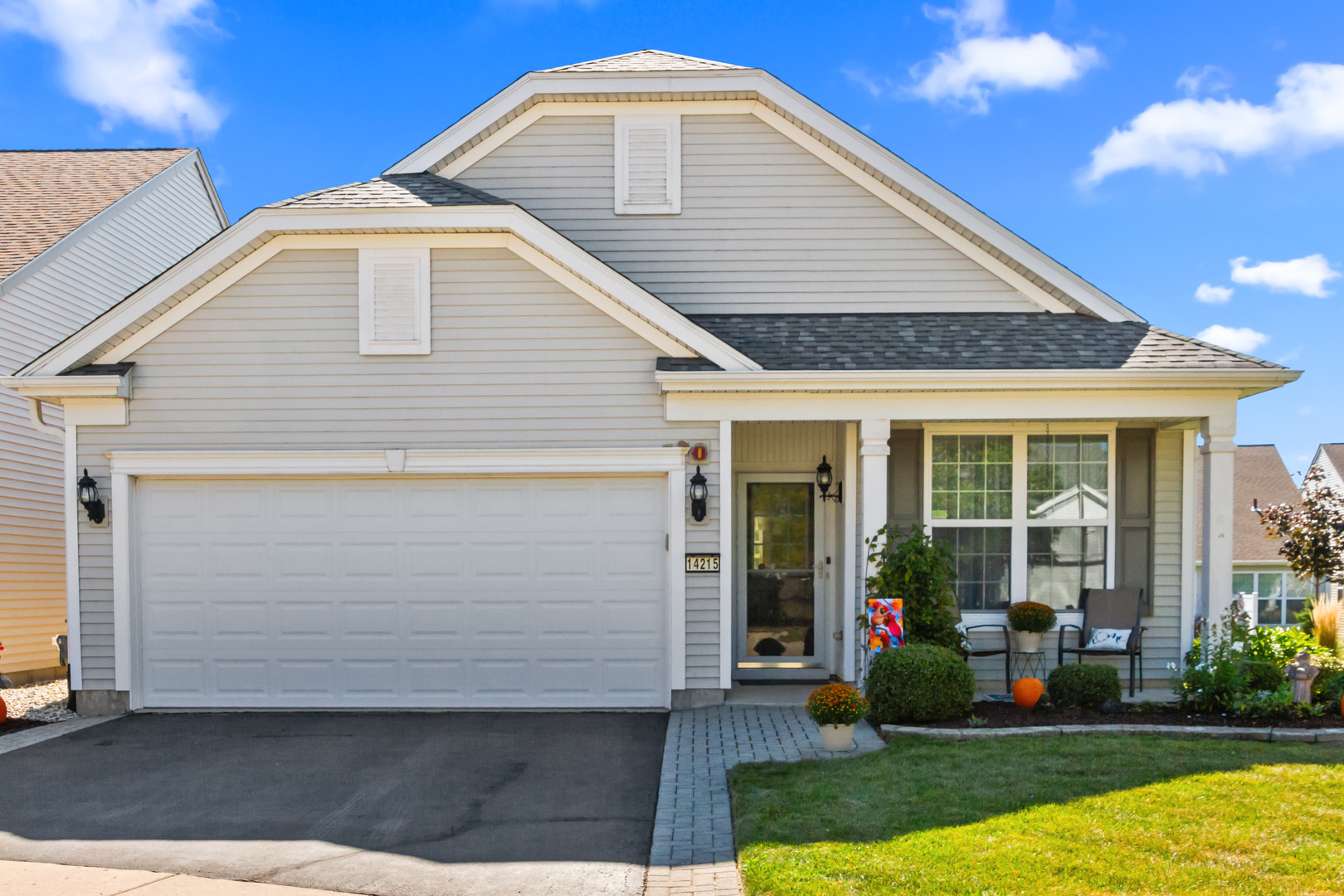 Welcome to this roomy Potomac nestled on a peaceful, quiet cul-de-sac location in the Midwest's premier 55+ community. This well-maintained home features 2 bedrooms, 2 full bathrooms, and den with transom & French door. This den provides flexibility & could also be used as an office, or craft/hobby room. The open concept living space in the combo living room/dining room, as well as a family room and eat in kitchen with island & stainless-steel appliances are great spaces for entertaining.  The gleaming engineered wood floors are easy care. A new roof, replaced in October 2024 offers peace of mind, while the paver ribbons and paver walkway add charm and curb appeal. Other recent updates include can lights, new light fixtures, blinds and curtains in living and dining room, new elongated toilets, new microwave, new refrigerator, new tankless water heater and dishwasher. Other amenities: windows with wood trim sills, primary bedroom has extra storage in the custom window seat and built in linen closet, furnace is equipped with an April air humidifier. Garage includes cabinets for storage and pull-down stairs for easy access to the attic. Sit outside on the covered front porch or patio in the backyard surrounded by perennial flowers. Over 40 clubs, golf course, fishing lake, pickleball, tennis, and bocce ball. The walking and biking trails throughout this scenic community along with the outdoor concerts, make spending time outdoors a pleasure.  Conveniently close to shopping, dining, medical facilities and interstate access. Don't miss out, schedule your private showing today!