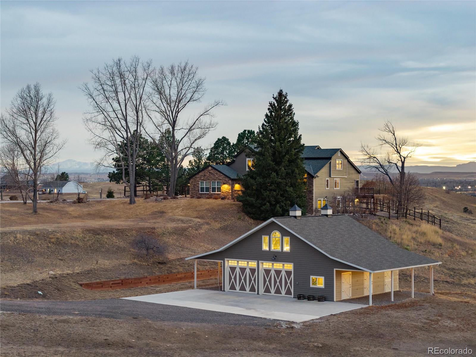 Enjoy Panoramic Views from this extensively Upgraded and Well-maintained Property featuring a Permitted (1,512 sq ft) Custom Barn built in 2019 and allows multi-purpose use (Approximately 300k Investment). If you're a lover of animals, or just want to get out of the hustle and bustle of City Life, this home offers multiple living options. Easy Access to C-470 (within minutes) - Quick trip to DIA less than (25 minutes) DTC restaurants and Park Meadows is close by for shopping and fine dining (10-15 minutes). Very rare to have an opportunity to own a 5 Acre Updated Privat Home. Often times this community sells prior to listing as there are only 48 homes in this special community. You will not be disappointed with this home!