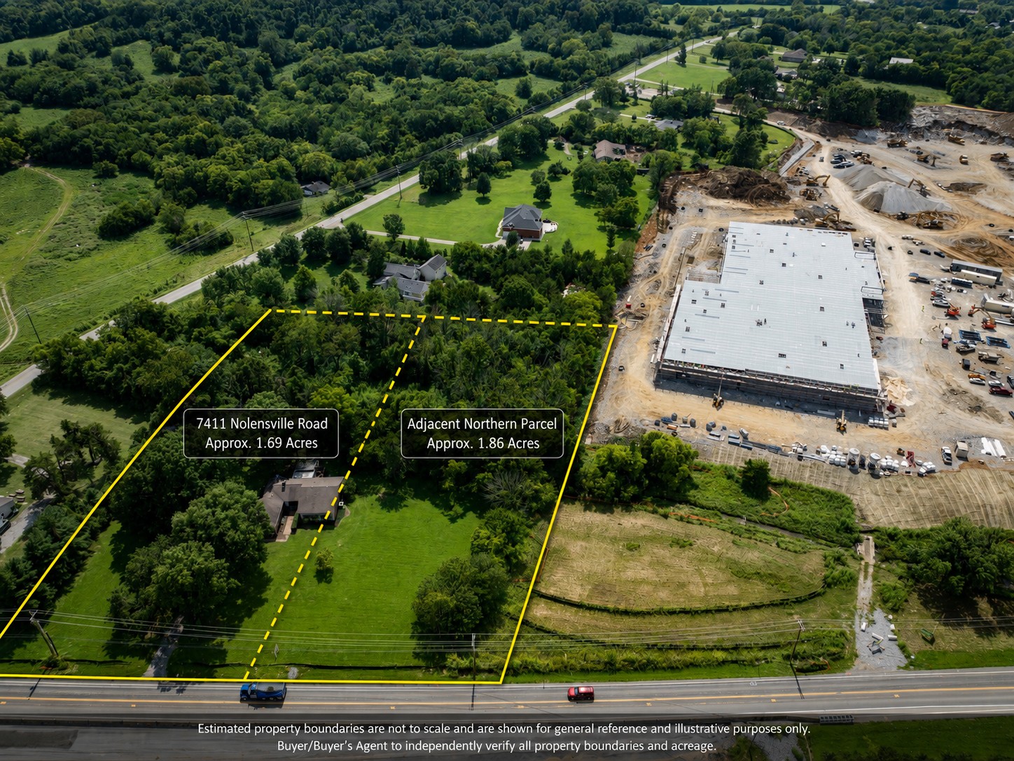 Rare two-parcel assemblage offering approximately 3.55 acres with prominent Nolensville Road frontage, an existing residence and unusual long-term flexibility in one of Nolensville’s most active commercial-growth corridors. The estimated 1.69-acre homesite at 7411 Nolensville Road and the adjoining estimated 1.86-acre vacant parcel immediately north are offered together. Town zoning materials indicate CD-4C Neighborhood Corridor zoning along the road-facing portion, a district intended to accommodate corridor-oriented residential, office, retail, service, live/work and mixed-use possibilities, subject to the ordinance and all required approvals. A CD-1 Natural corridor associated with the creek limits intensive development but may provide meaningful open-space character. No representation is made regarding net usable acreage, density, access, utilities or approval of any particular use. Positioned immediately south of the Darsey/Marketplace development, where the Town reports Kroger is permitted and under construction, and near Town Square and the established Village Green/Publix center, the property offers visibility and optionality as surrounding investment reshapes this section of Nolensville Road. The existing home preserves a legitimate residential or interim holding-use opportunity while a purchaser evaluates longer-range plans. Current sewer-capacity and connection constraints make this best suited to a buyer prepared to conduct careful due diligence and take a patient view. Future sewer service, capacity and connection rights remain subject to governmental approval, infrastructure completion and independent verification by the purchaser. Both parcels convey together and strictly as-is. Buyer to verify acreage, boundaries, zoning, permitted uses, floodplain and stream buffers, soils, utilities, septic, sewer, access, frontage, road improvements and all development requirements.