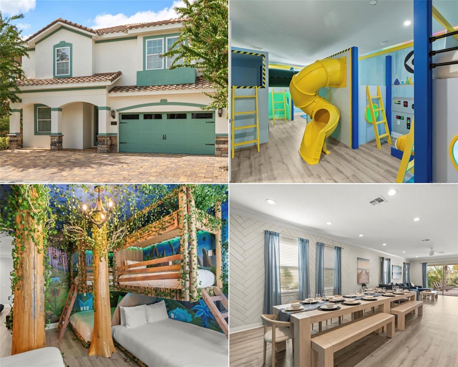 Under contract-accepting backup offers. **Active Reunion Club Membership** Welcome to the costal cottage, located in the renowned guard gated golf community of Reunion Resort this 9 bed 10 bath home is a must see! Recently renovated, this home is being sold fully furnished, with over 200k in brand new name brand furniture, and upgrades throughout, no details were missed, this home is rental ready! Starting out front, the driveway was completely re-done with new pavers, and expanded to be more than double the width of the original driveway. As you enter the home you will immediately notice the light and bright, open concept first floor living area, complete with 2 first floor bedrooms, open concept kitchen / living room, table gaming room complete with a bath that leads directly to the pool, and a fully equipped converted gaming garage. The converted garage has been completely re-done, complete with a wall mounted mini split a/c, commercial grade arcade games, and a Foresight golf simulator, making this a room where both adults and kiddos can have abundant fun. The dining room / kitchen features a spacious bar top in the kitchen, making it a true eat in kitchen, the kitchen also features a keydrop area complete with its own charging station for the perfect place to do homework or work on your laptop. The dining room is open to the kitchen and living room and is complete with an oversized dinner table with space for 14. The entire wall from the dining room to the living room was upgraded to feature a haring bone design wood panel accent wall, making the space feel modern and luxurious. Entering to the outdoor pool oasis you will enter into the covered rear patio which spans the entire width of the home, which is complete with ample seating for outdoor dining and leisure. The outdoor pool area also features an outdoor grill and countertop, and the pool deck pavers were extended an additional 10 feet, adding more space for lounge chairs. All outdoor furniture, lounge chairs, and table are brand new. Heading upstairs you will enter into one of two loft areas, the first loft area at the top of the stairs features two gaming console stations complete with the latest xbox's and Nintendo switches. The second loft area is utilized as a second living room / family room complete with an oversized lounge couch, large wall mounted tv, and a cozy and inviting vibe, making this area a fantastic place for family and friends to come together and enjoy a movie. There are a total of 6 bedrooms upstairs, all bedrooms have been completely upgraded to include brand new furniture, and their own warm and contemporary design. Most notable are the two theme rooms that are located upstairs, the first theme room at the top of the stairs is a treehouse theme, complete with built in bunk beds, custom lighting including ceiling mounted fiber-optics, hand painted murals, and 5 beds in total, making this room will be a place where the little ones will feel safe, comfortable, and entertained. The second theme room upstairs is truly one of a kind, this room is twice the size of any typical room, and features 4 built in bunk beds, custom led lighting throughout, a slide and play fort, and an elevated walking tunnel. These theme rooms are truly one of a kind, and are Guarenteed to impress even the most picky kiddos This house has so much to see, more than can be fit in this description, and truly needs to be seen in person to appreciate. Now is your time to own a piece of paradise, Wellcome home!