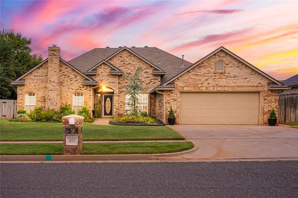Beautiful Edmond home has three bedrooms plus office, hardwood floors in living and office, updated kitchen and a large covered back patio as just a few highlights. Brand new roof in 2023, fresh paint throughout, and updated fixtures. The Primary Suite has patio access and features an Australian walk-thru closet, large jetted tub with separate shower and double vanities. Grand living room with fireplace, surround sound and gorgeous light. The eat-in kitchen with breakfast bar has been updated with granite, an island and an incredible amount of storage with pull out shelving. The tall ceilings, brick accents, pillars and arches bring so much character to this home. The office is light and bright with wainscoting accent. The backyard has a wrap around covered patio with sun screens so you can enjoy all day long. Sheffield Glen has a neighborhood pool with cabana and playground that is within walking distance from the home. Easy access to shopping, restaurants, and entertainment as well as I-235.