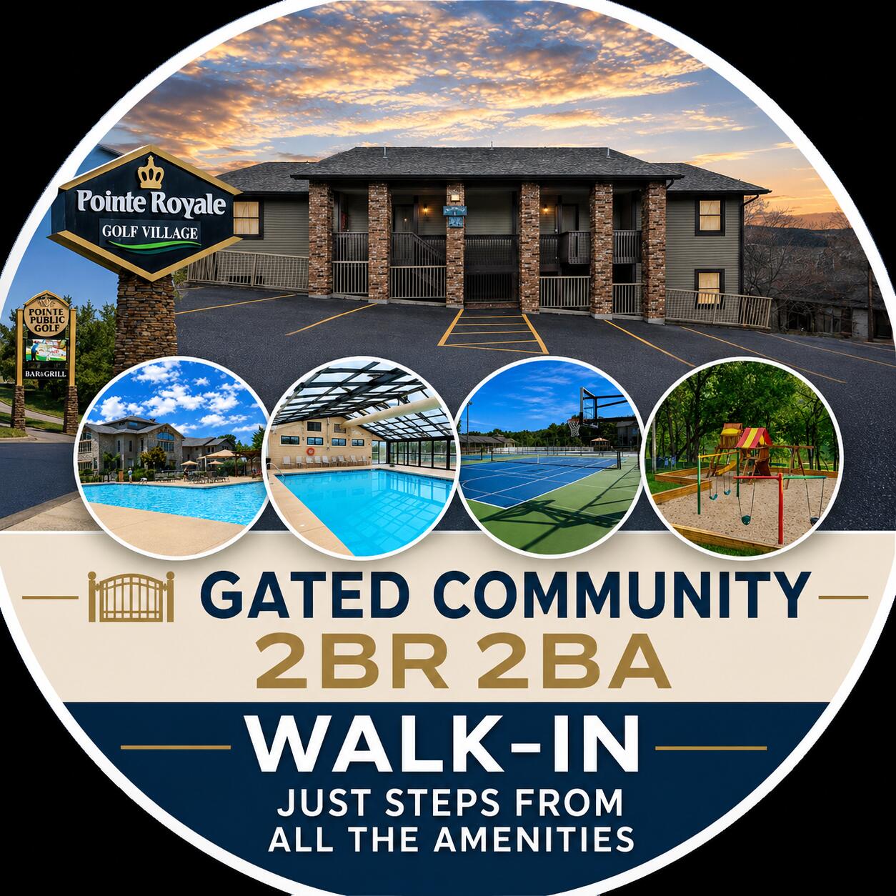 WALK-IN 2BR BA, ACROSS FROM CLUBHOUSE! Totally renovated with designer updates everywhere you look!  Fully Furnished. Just steps from Outdoor Pool, Indoor Pool, & GOLF! Successful Nightly Rental$$$ Located in the prestigious Gated Community of Pointe Royale!  4.7 miles to the Branson Strip. 10 miles to Silver Dollar City. 5.7 miles to State Park Marina. 8.7 miles to the Branson Landing.