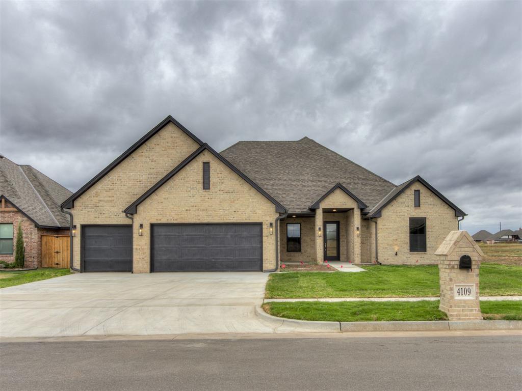 Custom details, a flexible floor plan, and plenty of space come together at 4109 Havasu Road in Sendera Lakes. This 2,573 sq ft home features 3 bedrooms, 3 full bathrooms, a pocket office with double barn doors, and a flex space that can serve as a 4th bedroom, playroom, or second living area. The open kitchen and living area features quartz countertops, a farmhouse sink, solid wood cabinetry, two pantries, under-cabinet lighting, stainless steel appliances, and a gas fireplace. The primary suite includes a freestanding tub and walk-in shower, while wood-look tile runs throughout the main living areas. Outside, you'll find an oversized covered patio, fully sodded yard with irrigation, full-house gutters, and a 3-car garage. Additional features include a 2-zone HVAC system, high-efficiency furnace and condenser, and a 1-year new home warranty. Sendera Lakes offers a neighborhood pool, clubhouse, and playground with Moore Public Schools.