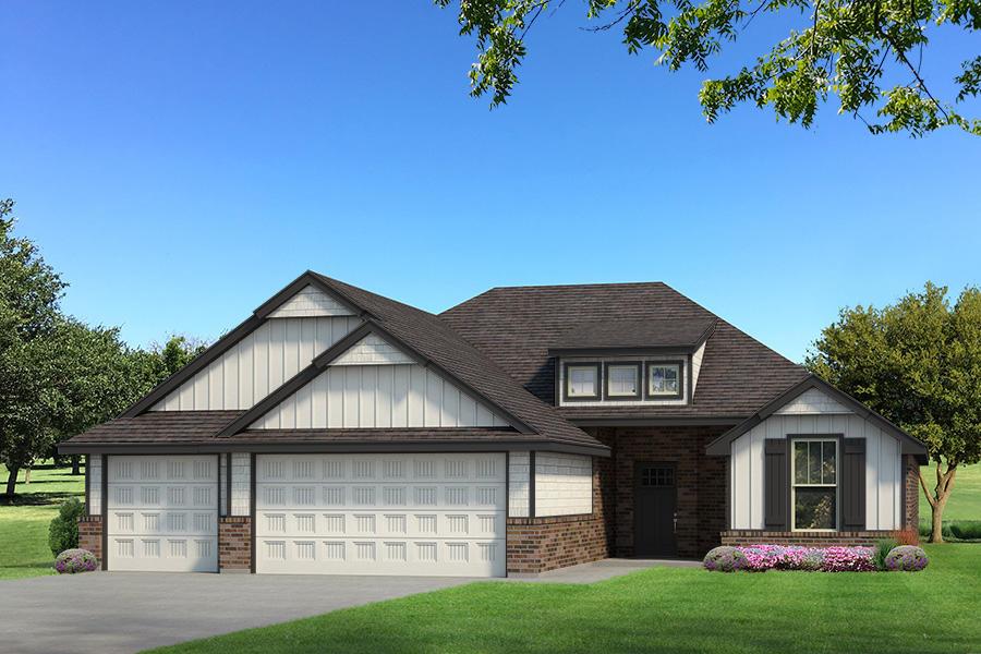 This Hummingbird floor plan features 2,025 Sqft of total living space, which includes 1,800 Sqft of indoor space and 225 Sqft of outdoor living. There is a 565 Sqft, three car garage with an in-ground storm shelter installed. This home offers 4 bedrooms, 2 bathrooms, 2 covered patios, and a large utility room. The great room welcomes a breathtaking cathedral ceiling with box beams and a cathedral chandelier, a gas fireplace with our stacked stone surround detailing, large windows, rocker switches throughout, wood-look tile, and Cat6 wiring. The high-end kitchen has 3 CM countertops, custom-built cabinets to the ceiling with cabinet hardware installed throughout and under cabinet lighting, stainless steel appliances, a 5-burner cooktop, vogue tile backsplash, stellar pendant lighting, a corner walk-in pantry, and a large center island equipped with a trash can pullout, sink, and dishwasher. The elegant primary suite has a sloped ceiling detail with a ceiling fan, windows, Cat6 wiring, and our cozy carpet finish. The attached spa-like bath includes a dual sink vanity with framed mirrors, TWO spacious walk-in closets, a roomy European walk-in shower, and a free-standing tub. Secondary bedrooms feature high ceilings with ceiling fans, windows, spacious closets, and carpeted flooring. The covered back patio offers a wood burning fireplace, a TV hookup, and a gas line for your grill. Other amenities include Healthy Home Technology, a fresh air ventilation system, a tankless water heater, R-44 insulation, and more!
