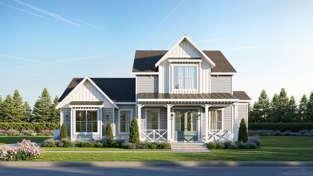 The Salt Meadow from Bay Creek Homes, constructed by Virginia Builders, blends coastal elegance and modern farmhouse design. The exterior features board and batten siding and metal roof accents. Inside, find a foyer with a shiplap ceiling and a family room with a brick fireplace. The gourmet kitchen boasts an island, white shaker cabinets, and a custom wood range hood, flowing into a dining area with wood beams and a shiplap ceiling. The main-level owner's suite offers a luxe bath and walk-in closet. Enjoy a large screened porch, a mudroom with a built-in bench, and a 2-car garage. Upstairs features a massive loft with a window nook, 2 bedrooms, and a full bath. Perfectly designed for luxurious, laid-back living!