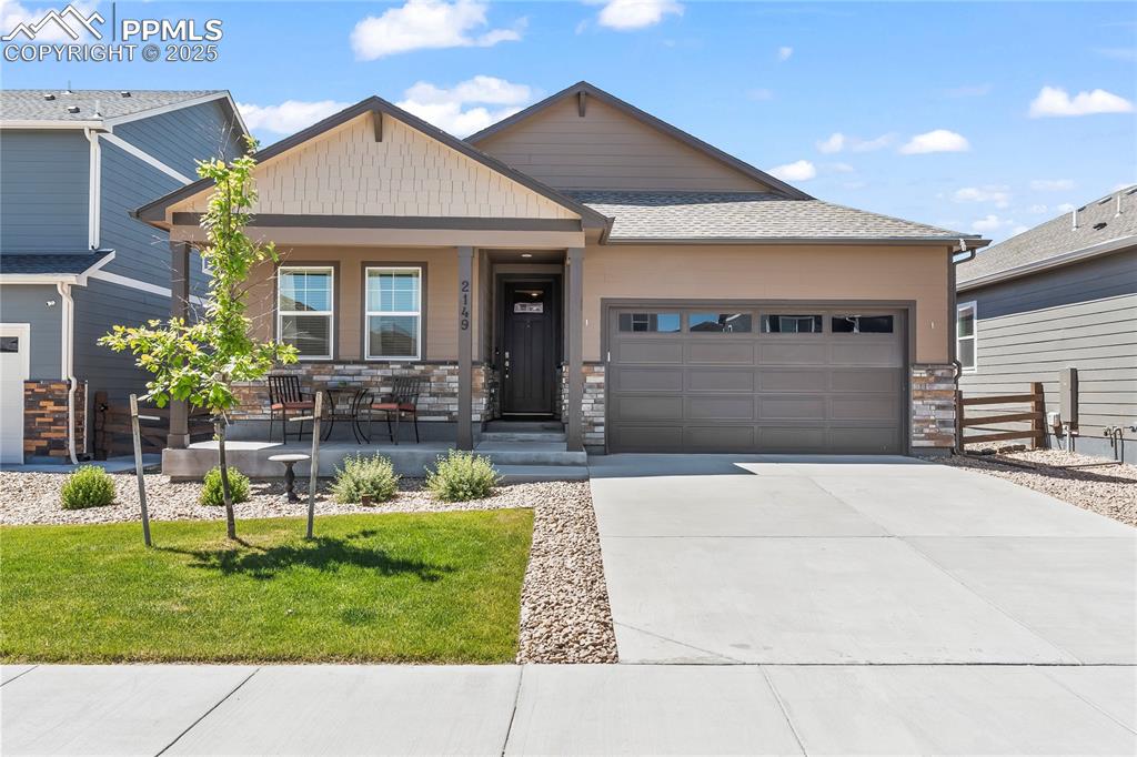Welcome to this stunning ranch-style home nestled in the beautiful community of Willow Springs Ranch! The thoughtfully designed open floor plan provides various spacious areas, ideal for entertaining family and friends. This home features pleasing LVP flooring, upgraded lighting throughout, quartz countertops, large island ideal for socializing, stainless steel appliances, large pantry, walk-out from the dining room, and a gas fireplace. The primary bedroom offers an adjoining bathroom complete with a double vanity, stand-up shower and a generous walk-in closet. Adding to the living space are two more bedrooms and a full bath perfect for family or guests. Step out back to a fully landscaped backyard, featuring an oversized concrete patio perfect for grilling and a built on-site Tuff shed. The home is equipped with a sprinkler system (front and back) and drip line for the flower beds. The unfinished basement offers significant potential for customization and additional living spaces. Located within minutes to walking trails, downtown Monument, highly rated schools, restaurants, shops and easy access to I-25. 

This unparalleled home is packed with additional upgrades to include: solar panels, whole house water filtration system, smart home system (lights, locks, garage door, appliances, thermostat), ceiling fans, upgraded Samsung refrigerator, tankless water heater, finished 2-car garage including epoxy floors, hardware on cabinets, fenced-in backyard and much more...

Don't miss the chance to own this stunning home that perfectly blends new construction appeal with the convenience of immediate occupancy!