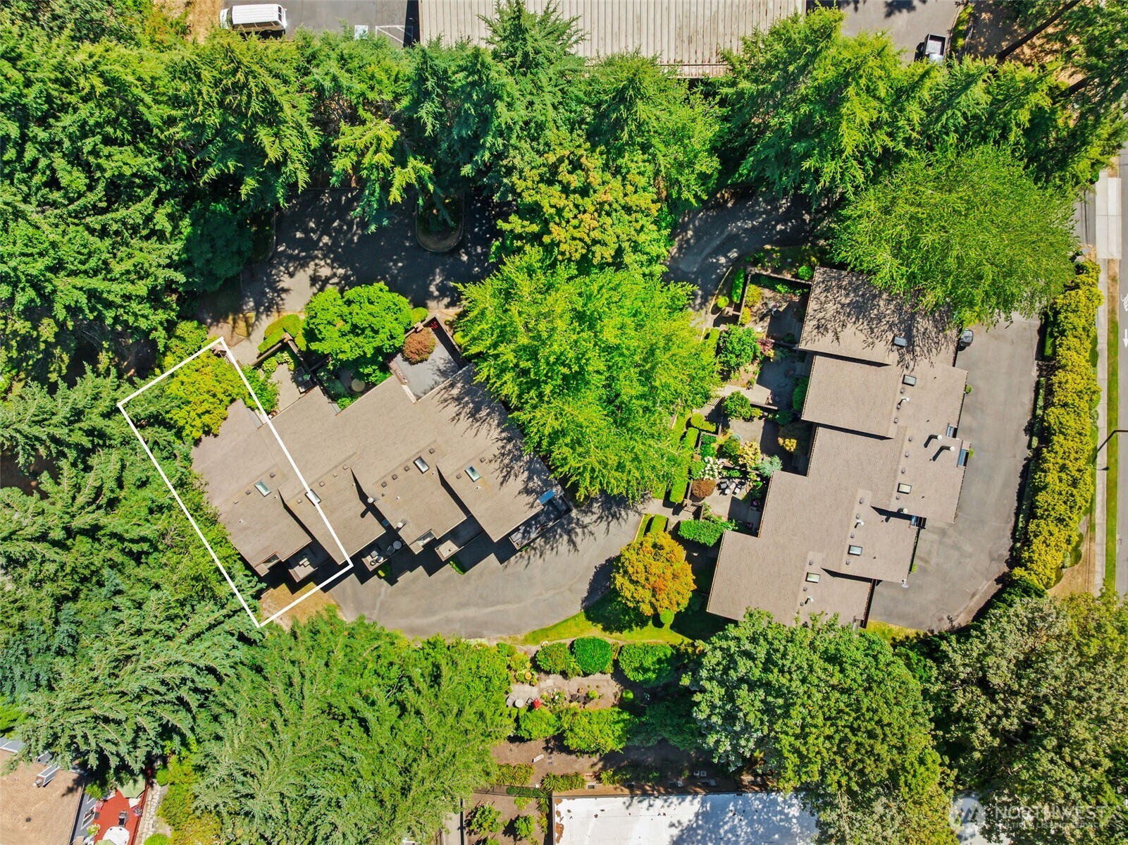 Bird's-eye perspective showcasing the home's generous lot and natural surroundings.