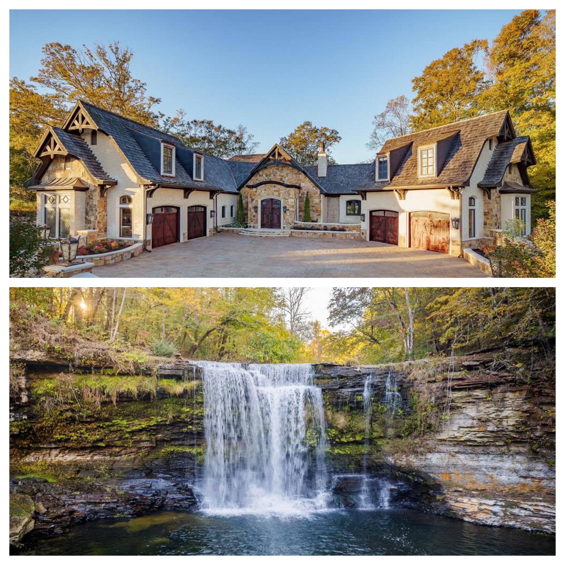 This extraordinary 200-acre estate rivals any state park of Tennessee with dualing 35’ waterfalls feeding over a mile of creek frontage filling Center Hill Lake. Just 70 minutes from the Nashville airport or 25 minutes from a regional airstrip, the beauty of nature is melded with luxury and entertainment featuring a 9,300 square foot main house, 3,700 square foot guest house, and entertainment barn with basketball court and big screen. The main home situated above the dualing falls features imported finishes and handcrafted details throughout. From a mosaic-tiled entry and custom stained-glass windows to solid mahogany doors and hand-hewn beams, this home exudes craftsmanship. Wide plank black walnut and reclaimed heart pine floors, Venetian plaster walls, and carved stone accents bring warmth and elegance to every room.
High-end touches like geothermal heating and air, radiant heat flooring, and waterjet marble bathrooms underscore the property's commitment to luxury and sustainability. The guest house holds a rustic elegance with douglas fir beams, solid surface counters, and heart pine flooring.