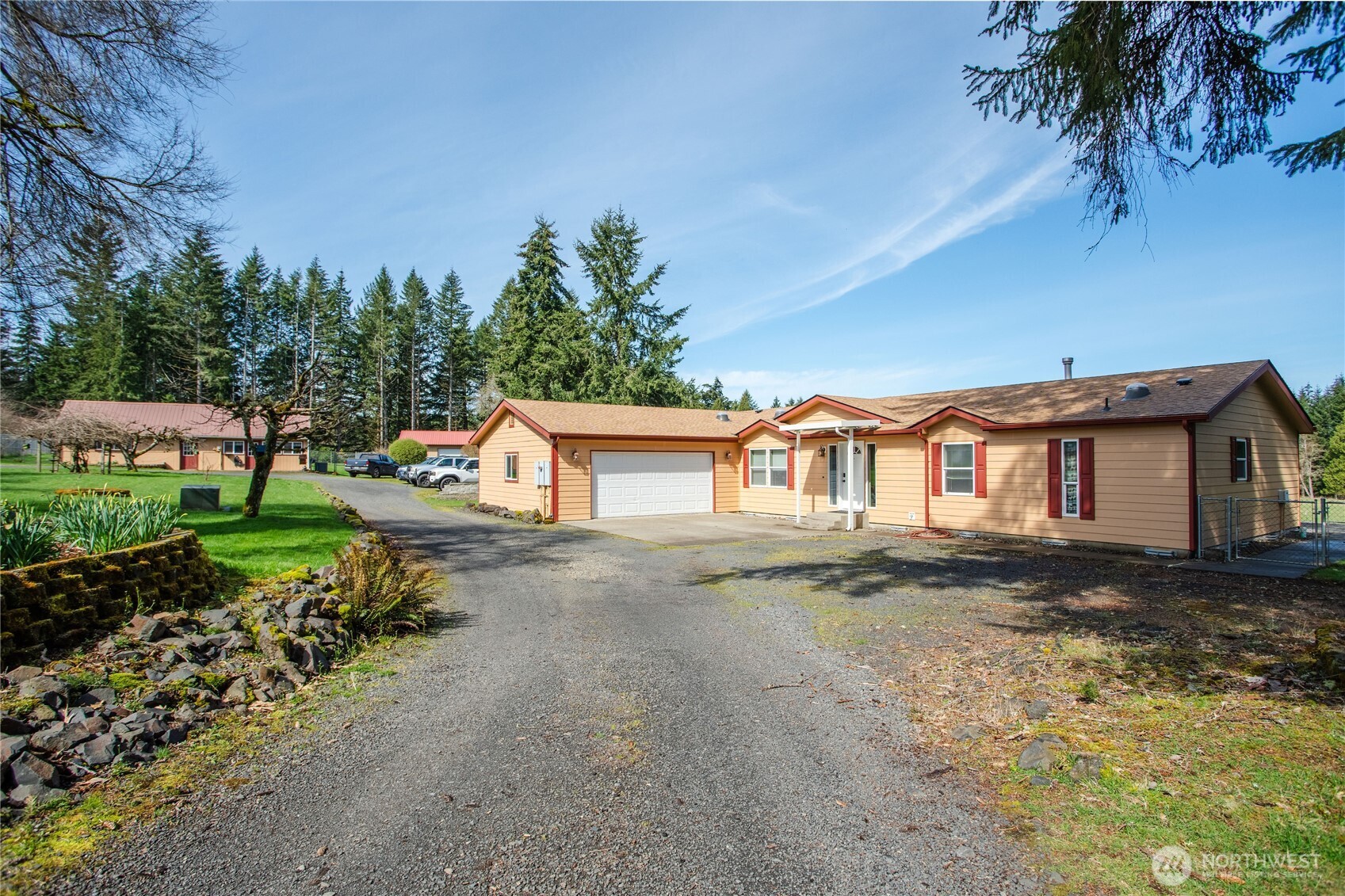 Motivated Sellers! Property a must-see to appreciate. 40 acres located between several communities in W. Washington, 2 miles from I5 for easy commutes. Bordered by trees & creeks, no neighbors in sight. Enjoy the peace & quiet, watch nature & wildlife. Options are endless. Office & out buildings on own power, septic, heat pump. Remodel for rental or ADU. Work from home, nursery, doggie day care, etc. Fenced Pastures, large barn w/ hay loft & stalls. 3 bay shop for projects, storage. Extra shop ideal for a “she-shed.” Open floor concept, 3 bed, den, kitchen, spacious primary bathroom, garden tub, separate shower, walk-in closet, gas fireplace. Attached insulated garage, covered patio, fenced for pets. Circular driveway, parking, room for RV.