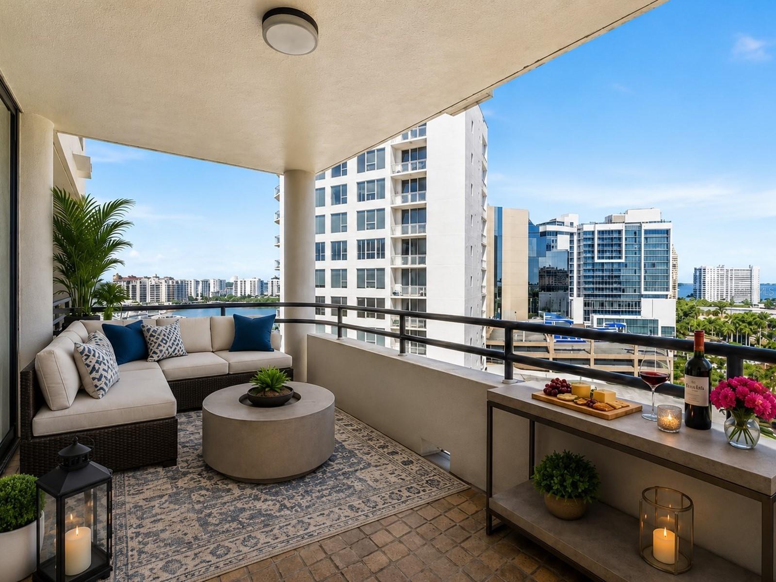 Virtually Staged. Experience the ultimate Sarasota lifestyle at 1255 N Gulfstream Ave #1101—now available for sale. This rarely offered, largest end unit in Bay Plaza was originally designed as a full 3-bedroom layout and has been thoughtfully renovated for modern luxury living. This 3-bedroom, 2-bath condominium on the 11th floor offers breathtaking, unobstructed views of Sarasota Bay, Marina Jack, and the dynamic downtown skyline. Expansive floor-to-ceiling hurricane-impact windows and brand-new hurricane-rated sliding glass doors flood the home with natural light, while enhancing energy efficiency and quiet comfort. The open-concept living and dining areas flow seamlessly into a sleek, modern kitchen appointed with quartz countertops—perfect for entertaining or enjoying everyday meals. Recent upgrades include fresh interior paint, contemporary glass shower doors and vanities in both bathrooms, new ceiling fans and light fixtures, enhanced kitchen storage with a wine cooler, and custom closet systems throughout. Step out onto one of four private balconies to take in spectacular sunrises, sunsets, and front-row seats to Sarasota’s iconic fireworks, including the Fourth of July at Marina Jack. As a Bay Plaza resident, enjoy exclusive amenities: secure two-car garage parking, 24/7 valet, EV charging, attentive concierge, a heated pool, relaxing spa, and a state-of-the-art fitness center with sauna and steam room. Additional conveniences include an entertainment deck, outdoor grilling area, extra storage, and onsite maintenance staff. Located in the heart of downtown Sarasota, you’ll be steps from renowned restaurants, chic boutiques, Bayfront Park, Marie Selby Botanical Gardens, Florida Studio Theater, Sarasota Opera House, Whole Foods, the Saturday Farmers Market, and the city’s vibrant arts and culture. Enjoy quick access to St. Armands Circle, Longboat Key, and Sarasota’s beautiful Gulf beaches. Don’t miss this rare opportunity to own one of Bay Plaza’s premier residences—schedule your private showing today!
