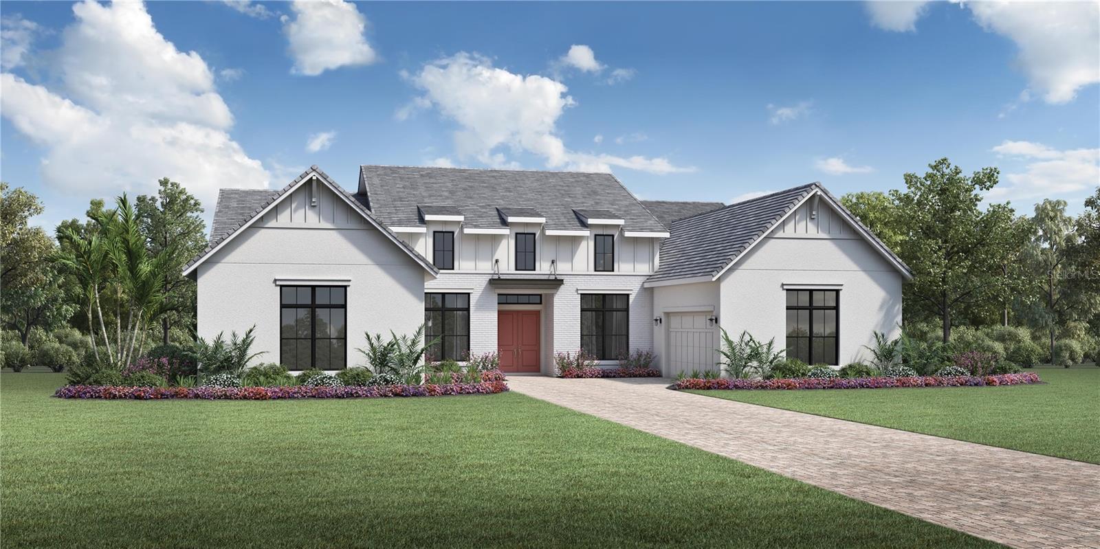 The Cabris Farmhouse is our popular one story home with lots of space for a large family.  The inviting double-door entry opens to reveal the twelve foot high foyer and beautiful views to the spacious great room with coffered ceiling and covered lanai beyond. The well-designed kitchen overlooks a bright casual dining area and is equipped with a large center island with breakfast bar, plenty of counter and cabinet space, ample walk-in pantry, and ten foot high sliding glass doors. The private primary bedroom suite is highlighted by dual walk-in closets and deluxe primary bath with dual vanities, large soaking tub, large luxe shower, and private water closet. Secondary bedrooms feature sizable walk-in closets, two with shared bath with separate vanity areas, two with private baths. Additional highlights include a convenient powder room and everyday entry, centrally located laundry, and additional storage.