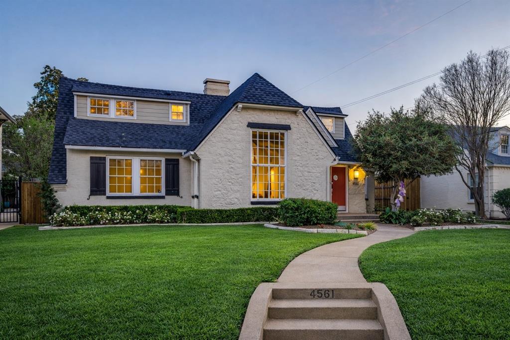 An extremely rare opportunity for a charming, updated and expanded cottage in a fabulous Highland Park location.  4561 Belclaire Avenue occupies a 60' lot on a beautiful block just a short distance from Bradfield Elementary School, Flippen Park and Highland Park Village.  Spaces include 4 bedrooms, 3 full baths, 3 living and 2 dining areas.  Once inside you'll find the incredible original 1930s living room with soaring ceilings, wood beams, stained glass, and a vintage tiled gas fireplace.  Additional interior highlights include hardwood flooring, natural stone kitchen countertops, stainless steel appliances, plantation shutters, recessed lighting, fresh paint and carpet, marble bathroom flooring and countertops, and a downstairs primary suite with dual walk-in closets and additional built-in cabinetry.  The striking backyard offers a very generous and low-maintenace turf play area, covered patio with built-in overhead Infratech patio heaters, board-on-board cedar fencing, sprinkler system, automatic gate, and a 2-car garage.  Enjoy all of this and the benefits of being within the Town of Highland Park with access to the community swimming pool, tennis, parks, and the sought-after schools of the Highland Park ISD.