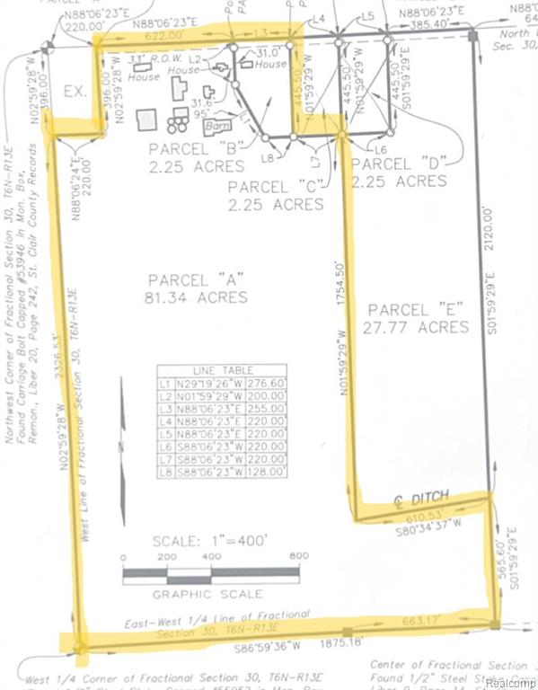 Hurry! Don't miss the opportunity to own this 80-acre farm in Allenton, MI! Natural Gas! Paved Road! Sale includes (parcel A & B), which is made up of three houses (some TLC is needed). Brick ranch is 1650 sq. ft., 1970 blt. featuring 3 bdrms, 2 baths, and a full bsmt. 16415 Almont Rd., which is a 1000 sq. ft., 1940 blt. (green) house featuring 2 bdrms, 1 bath, and a full unfinished bsmt). Sale also includes 16401 Almont Rd, a currently leased house which is 1450 sq. ft., 1970 blt. featuring 3 bdrm, 1 bath, and a full bsmt. There's also a nearly completed retail/office building on front of machine shop located near the road which is at the "spray foam has been completed" stage of finishing measures 24' X 38' and has a concrete floor, a huge machine shop/barn (42' X 64' and features 16' wall height and has concrete floors with an large additional storage bldg. (40' X 50') attached to rear of machine shop/barn), a scale barn (40' X 62' w/14' wall height and concrete floors), two additional barns, a grain system (1990), and pasture along with alfalfa that was planted in 2024! Square footage listed (5000) includes the three houses and the retail bldg ONLY). Ask Listing Broker about excluded Buyers.