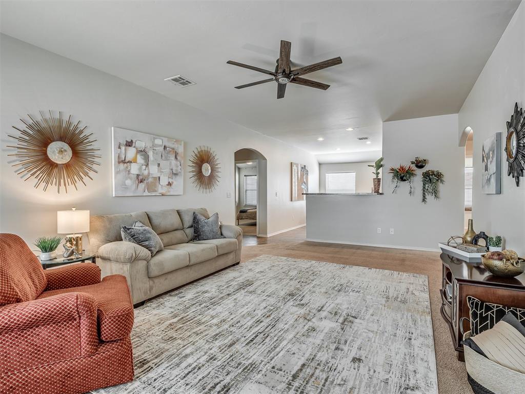 WOW! Beautifully maintained, freshly painted home in the desirable Bryant Place addition in Moore School District. This true 4 bedroom, 2 full bath offers generous space in a large open concept living, dining & kitchen.  You'll love the impressive scale of the primary bedroom.  A great space for a King size bed and still ample room for any extras like a bench, crib, possibly dog beds.  The primary ensuite provides double sinks and a separate shower and soaker tub!  This space is truly perfect for relaxing & unwinding in comfort!  No need for extra closet space here, the primary closet also provides ample room! The three secondary bedrooms give you so many choices! Do you need kids bedrooms, maybe a dog room, arts and crafts, perhaps generational living,  An office for working at home?  You can enjoy a number of uses for these rooms! The extra large back yard and the upgraded spacious patio foundation gives you even more opportunity for your dream outdoor entertaining & living. Enjoy easy access to I-35 & I 240 just minutes away from shipping, dining, Tinker AFB and much more! One more major important upgraded feature is the in garage storm shelter.  No need to run through the rain, easy access to safety in your own garage! This move in ready home offers the convenience, location, room to grow and flexibility to fit your lifestyle. Buyer and Buyer's Agent to verify information, ex; school, tax, hoa,