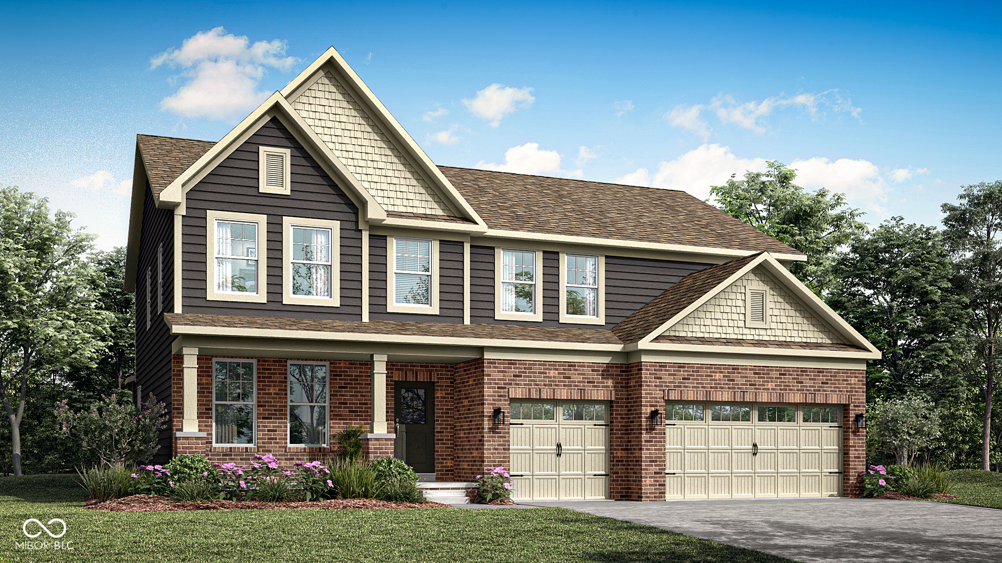 Milford Park is a community of new single-family homes coming soon to Fishers, IN. Future amenities will include a swimming pool, pool house and playground. The community is located near Hamilton Town Center's shops, restaurants and entertainment and Fishers' tech-business hub. Ruoff Music Center and Geist Reservoir are within three miles away. Fishers features 24 city parks including Saxony Beach and Ritchey Woods Nature Preserve. Downtown Indianapolis is 20 miles away. A sophisticated take on a modern layout, this spacious two-story home offers endless possibilities. The main level features an expansive open-concept living area with the kitchen and dining area opening into the Great Room, ideal for entertaining.  The study with French doors creates a private space for work or hobbies, and a guest suite offers a restful retreat for overnight visitors. A covered porch off the main living space provides an extension of the entertaining space or a comfortable space to relax outdoors. Residing upstairs is the lavish owner's suite and three secondary bedrooms, each with a walk-in closet. A versatile loft adds additional space for activities or relaxation. Rounding out the home is a desirable three-car garage. *Photos/Tour of model may show features not selected in home.