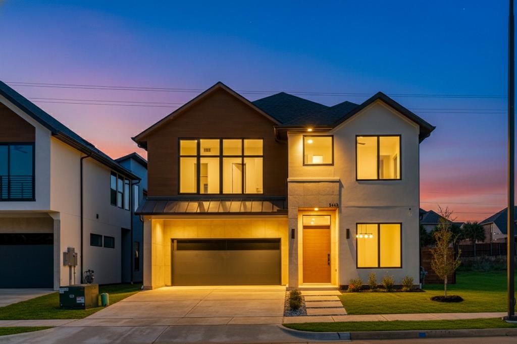 Newly built modern luxury home by Alif Real Estate Investments, this architecturally striking 4-bedroom, 4.5-bath residence blends sleek design, thoughtful functionality, and lasting quality. The bright open-concept layout showcases soaring ceilings, LED lighting, and oversized European tilt-and-turn windows that fill the home with natural light while enhancing comfort and energy efficiency. The main living area centers around an elegant electric fireplace with a floor-to-ceiling feature wall and designer fixtures, flowing into a chef’s kitchen featuring premium flat-panel cabinetry, soft-close drawers, a quartz waterfall island, stainless-steel appliances, and a pantry with custom shelving. The first floor includes a full primary suite with a modern walk-in shower, dual vanities, and a private laundry space inside the primary closet. Upstairs, you’ll find the second primary suite with a luxurious spa-style bath including a freestanding tub, frameless shower, and dual vanities, along with a second laundry area, two additional bedrooms—each with its own private ensuite bathroom—a large game room, and a family room for added living space. Premium upgrades throughout include wood flooring, floating vanities, accent walls, and thoughtfully selected modern lighting. The home is smart-home ready with pre-wiring for cameras, networking, audio, and thermostat control. The garage features a contemporary double door, epoxy-ready flooring, and an EV-charger outlet. Built for durability and comfort with energy-efficient systems, low-E glazing, and a robust building envelope, the home also includes premium rot-resistant cladding, heavy-gauge metal fencing, upgraded gutters with directed drainage, and stone pavers for timeless curb appeal. Conveniently located near DFW Airport, Major highways, shopping, dining, and Top Rated Great Hearts School, Toyota Music Factory Las Colinas few miles a way.