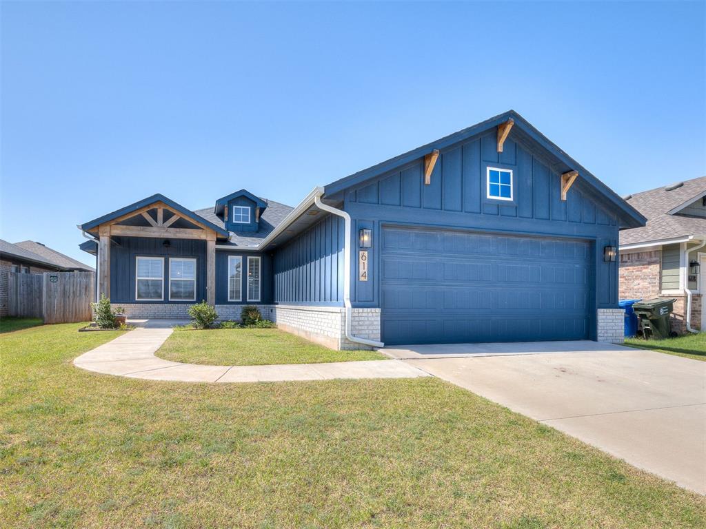 Welcome home to this well-maintained one-owner residence built in 2023, offering 1,496 square feet of thoughtfully designed living space with three bedrooms and two full bathrooms. This modern farmhouse style home has a bright and airy open floor plan that fills every room with natural light. In the heart of the home is a kitchen with a floating island and chevron pattern backsplash. Luxury vinyl plank flooring flows throughout the main living areas. The back yard boasts one of the larger covered patios in the neighborhood. 10-year transferrable structural warranty in place via RWC.Nestled in the sought after Greenleaf Trails community, this home puts you close to everything Norman has to offer. Conveniently located with access to I-35 and a short drive to the University of Oklahoma. The neighborhood has walkable, tree lined streets, community parks, and playgrounds, plus direct access to a scenic stretch of the Legacy Trail, part of a larger citywide trail system perfect for walking, jogging, or biking. Outdoor enthusiasts can enjoy peaceful catch and release fishing ponds and green spaces right within the community. The home is located a short drive from several golf courses in and around Norman.