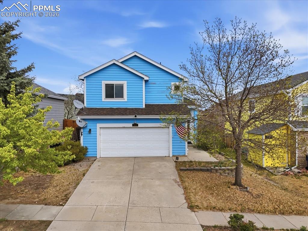 Welcome to this charming 2-story home nestled in the sought-after Stetson Hills neighborhood! Built in 1996, this 3-bedroom, 3-bathroom residence offers 1,532 finished square feet of comfortable living space, with vaulted ceilings and a warm, inviting atmosphere throughout. The main level features a spacious living room with a cozy fireplace and beautiful natural wood flooring, a ceramic tile dining room, and a well-equipped kitchen with a refrigerator, dishwasher, microwave, and oven. A convenient half bath rounds out the main floor. Upstairs, you'll find all three bedrooms, including a generous primary suite with a walk-in closet and adjoining bath. Two additional bedrooms share a full bath. The unfinished full basement offers 780 square feet of untapped potential — ready for your vision, whether a recreation room, home gym, or extra storage. The attached 2-car garage adds everyday convenience, while central air and forced-air heating keep you comfortable year-round. Situated on a fully fenced lot in District 49 with no HOA, this home is sold as-is and ready for your personal touch. Easy access to Stetson Hills Blvd makes commuting and errands a breeze. Don't miss this opportunity to make this Stetson Hills gem your own!