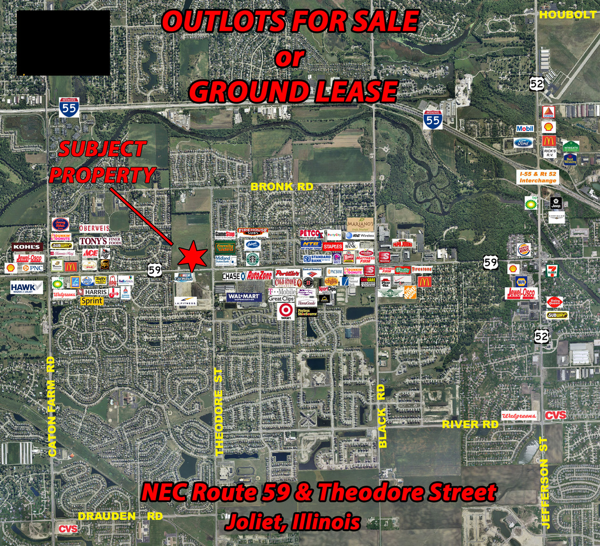 Lot # 3 (6.314 acres). NEC Rt 59 & Theodore St within a 40 acre new development located at the NEC route 59 & Theodore St Joliet OUTLOTS FOR SALE or Possible GROUND LEASE Pad Ready, Off-Site Detention and utilities to site * Join CarMax (the United States' largest used-car retailer and a Fortune 500 company). (1) Lighted corner site available & (1) Future lighted corner. * 220,000 sq/ft of grocery stores and 500,000 sq/ft of Retail within 1 mile radius of the site. * Across from Super Wal-Mart, Advanced Auto, Chase Bank, Starbuck's, Panda Express, Auto Zone, Culver's, Midland States Bank and Esporta (L.A.) Fitness