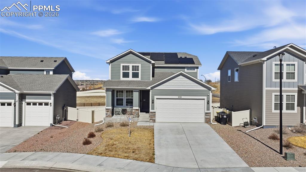 Like-new home built in 2023 in the desirable Aspen Ranch neighborhood, offering beautiful mountain views from the back deck and convenient access to downtown Fountain, Fort Carson, and Peterson Space Force Base. Designed with comfort and flexibility in mind, this spacious home features 4 bedrooms plus a potential non-conforming 5th bedroom, multiple living spaces, and thoughtful upgrades throughout. The main level showcases an open-concept layout with luxury vinyl plank flooring, a dedicated home office at the front of the house, and a bright living room that flows seamlessly into the dining area and gourmet kitchen. The kitchen is the heart of the home, featuring a large granite island, gas range, walk-in pantry, and abundant cabinet space—perfect for entertaining or everyday living. Step outside to the expansive back deck to enjoy mountain views and overlook the spacious fenced backyard. A charming front porch offers another inviting space to relax. Upstairs you’ll find a versatile loft area, ideal for a second living space or playroom. The primary suite serves as a private retreat with a large walk-in closet, granite double vanity, and spacious stand-up shower. Two additional bedrooms and a full bathroom complete the upper level, along with the convenient upstairs laundry room for ultimate ease. The finished basement, designed with multi-generational living in mind, features luxury vinyl plank flooring, a bedroom, ¾ bathroom, wet bar that can function as a second kitchen, and a flexible bonus space perfect for a gym, craft room, or non-conforming fifth bedroom. You’ll also appreciate the abundant storage with multiple closets on every level. Additional highlights include solar panels, permanent holiday lighting, wood blinds on front-facing windows to help manage sun and heat, and modern finishes throughout. This move-in-ready home offers the benefits of new construction without the wait in a fantastic location close to shopping, dining, schools, and parks.