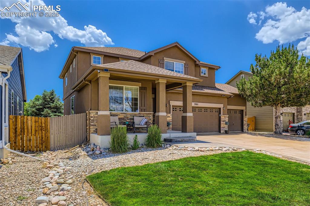Don't miss out!  This two-story beauty has it all!  Once the model home in the subdivision, this home has upgrades galore, including stucco, storage shed, pergola on the deck with a mister, surround sound, stamped concrete porch, recessed lighting, plumbing for a wet bar, French doors to a second master suite ensuite with a slipper tub, and upgraded main-level flooring.  Entering the home, every detail has been considered, from the custom barn doors on the pantry and the office to the well-appointed kitchen and baths.  The main level is perfect for entertaining, complete with an open floor plan and natural flow among the living room, kitchen and family room.  The living area boasts expansive ceilings, more than 15-feet in height, and contains windows that allow natural light to grace the living space.  The office area has built-in bookshelves, perfect for office needs.  The cook will love the kitchen, complete with stainless steel appliances, including a gas stove, microwave, refrigerator, and dishwasher and a kitchen island.  The kitchen and dining areas walk-out to a rear deck for ease of entertaining or having that hot cup of coffee in the morning.  The main-level family room contains a gas fireplace for coziness on those cold Colorado evenings.  Upstairs, the home contains four bedrooms.  The master bedroom comes complete with a 5-piece master ensuite bath and a spacious walk-in closet.  The three remaining bedrooms are large in size and share a bath, with double sinks in the vanity.  The walkway to the bedrooms overlooks the expansive living room below.  The property contains a three-car garage with an area for tool storage and storage racks.  The driveway has recently been sealed!  Some personal furnishings in the home are also for sale, except the 90-inch TV and any cars on the property.