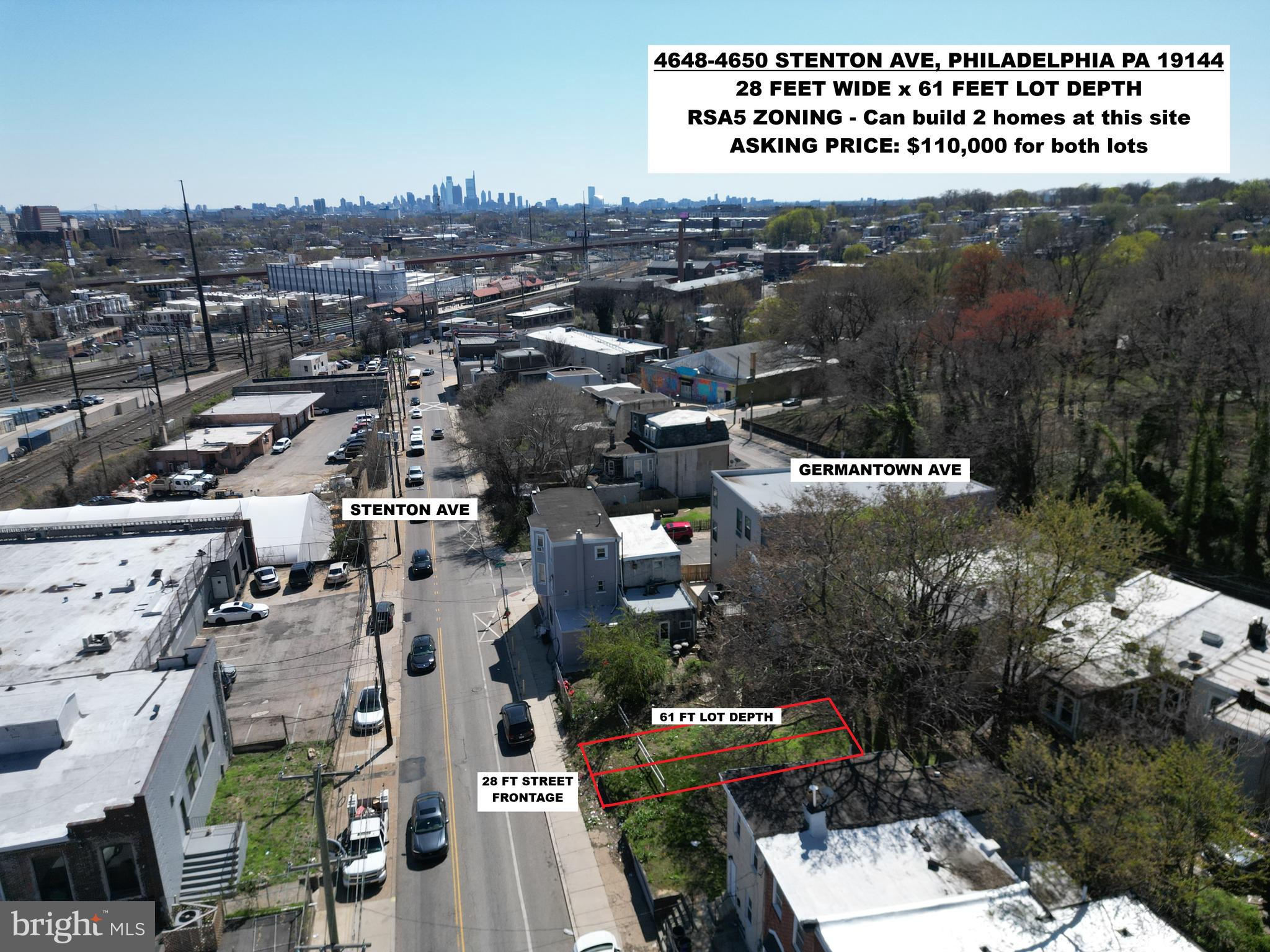 4648 Stenton Ave (TAX ID: 121207100) & 4650 Stenton Ave (121207200). Two adjacent parcels. Great location 1 block above Wayne Junction; behind Germantown Ave. This site sits up high in elevation with a great view of the Center City Skyline. The total lot dimensions are 28 Feet X 61 Feet, the zoning is RSA5. There are tons of developments going on in this immediate area; Jumpstart Germantown has a large mixed use building around the corner on Abbotsford Ave, there are a number of development projects going on around Wayne Junction including a new brewery/restaurant. This is a great opportunity to get in on the action in an up & coming area of Northwest Philadelphia ! $100,000 for the package (4648-4650 Stenton Ave, 19144). MUST BUY BOTH PARCELS!