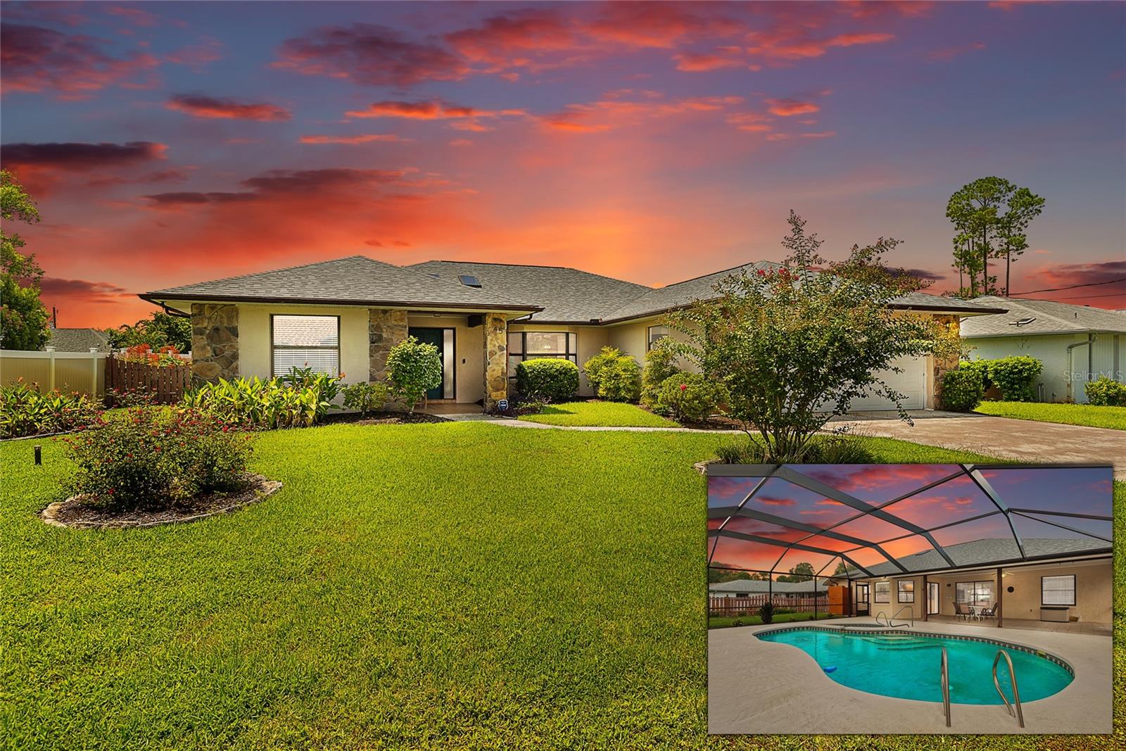 Under contract-accepting backup offers. Back on the Market!!! Welcome to this beautifully updated Pine Lakes pool home, where comfort, style, and Florida living come together. This well-maintained home offers numerous recent upgrades, a spacious layout, and an inviting outdoor oasis perfect for relaxing or entertaining. Step inside to find new flooring throughout much of the home, including vinyl plank flooring in the dining room, living room, and hallway, along with new carpet in guest bedrooms. The updated kitchen features granite countertops, solid wood cabinetry with convenient pull-outs and soft-close drawers, new tile flooring, a flat-top stove, microwave, refrigerator, dishwasher, and a large breakfast nook overlooking the pool and lanai. The spacious primary suite features real wood flooring, two closets including a large walk-in closet, and a walk-in shower. Guest bedroom enjoys a beautiful view of the pool, while the guest bathroom features an updated tiled shower. A large laundry room with sink and generous pantry storage adds even more functionality. Step outside and enjoy your own private Florida retreat! The large screened lanai and pool area provide plenty of room for entertaining, relaxing, or enjoying the sunshine. The pool features electric heat and a 2026 pool heater, and the backyard is fenced for additional privacy. There’s even a large spa for unwinding at the end of the day. Major improvements include a 2025 roof, 2026 Hot water heater, 2025 pool enclosure, new skylights, newer gutters, updated landscaping, and a 2025 outdoor improvement. The home also features sliding glass doors and a charming stone-accented front exterior. Located in the desirable Pine Lakes neighborhood of Palm Coast, this move-in-ready pool home offers the upgrades, space, and outdoor lifestyle Florida buyers are looking for. Schedule your private showing today and come see everything this beautiful home has!! Home warranty will be included for the new buyers. House back on the market due to the buyer's health issues.