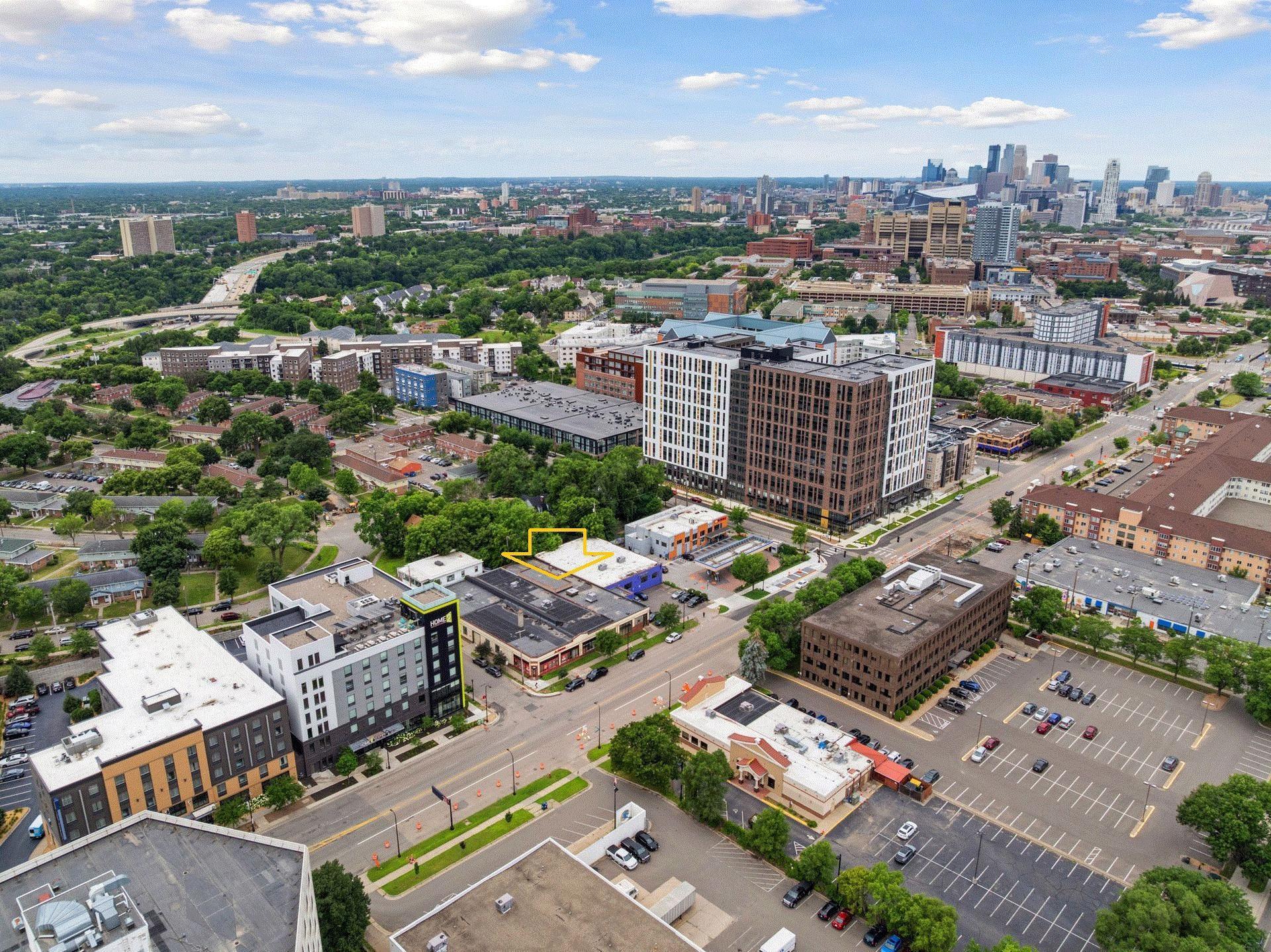 Buildling is for Sale of Lease. High visibility Retail and Office with great location on University Ave near light rail in Prospect Park.   C2 Zoning with Pedestrian Overlay supports many use options for your business.  Up to 14,000 sq. ft. currently available for owner occupant.