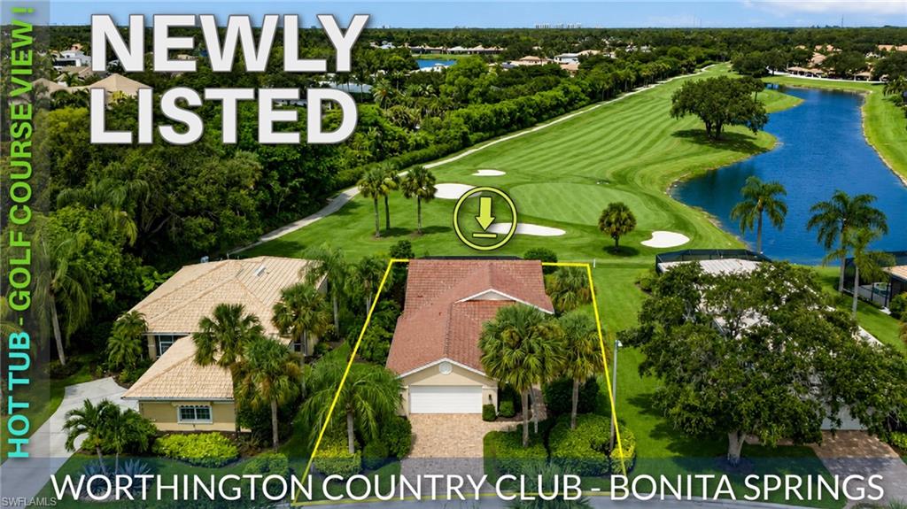 FORE!!!! WATCH OUT FOR THIS BEAUTIFUL,  “PRIME LONG AND EXPANSIVE GOLF COURSE AND LAKE VIEW”, DETACHED VILLA HOME IN WORTHINGTON COUNTRY CLUB WITH A ***BRAND-NEW ROOF AND GUTTERS (COMPLETED AUGUST 2026) AND A PRIVATE HOT TUB TO BOOT!! This one is BOUND TO HIT YOU!! Be entertained by 18 holes of prime golf all included! Whether you are just starting out, or a seasoned golfer, the course, originally designed by Gordon Lewis and later enhanced by Chip Powell offers something for everyone! The community features extensive amenities with a NEW 2026 FULLY FUNDED RENOVATION PROJECT FEATURING 4 NEW PICKLEBALL COURTS, 5 NEW TENNIS COURTS, bocce, a resort pool, expanded indoor and outdoor cabana dining, fitness and wellness center, enhanced full bar, new tee grass, social calendar and newly renovated clubhouse WITH NO ASSESSMENT!! The home itself is highlighted by one of the most desirable open Floorplans in all of Worthington combined with one of the most prime, expansive golf course and lake views in all of Worthington!! Other notable features include, tile throughout with newer plank style tile in the bedrooms, soaring tall ceilings, new fans and light fixtures, lots of windows letting in natural light, huge "white kitchen" with granite counters and stainless steel appliances, BRAND NEW AUGUST 2026 ROOF AND GUTTERS, fresh interior paint in primary bedroom and den/3rd bedroom, plantation shutters, huge primary suite with en-suite bath and large soaking tub; large guest bedroom, perfectly placed den/office/3rd bedroom with Murphy bed for those occasional guest, multiple dining areas, interior laundry and so much more!! Did I mention the ****GARAGE IS A SHOWPIECE with slat walls, finished floors, storage solutions and more!! For the outdoors enjoy an extended lanai, ****built-in private hot tub, brick paver driveway, prime views, lots of space between neighbors, lush landscaping and so much more!! This home is perfectly located in close proximity to the area's best shopping, dining, entertainment, soon to come Midtown at Bonita, miles of super wide bike paths stretching from Bonita to North Naples, a straight shot drive to pristine white sand, turquoise water beaches and so much more! Call for your private showing today!! I am thinking this one will sell quick!! *Golf Course in aerial photos ONLY was enhanced with AI since the golf course is currently undergoing Summer maintenance. The enhanced photos are typical to the course appearance prior to and post maintenance.