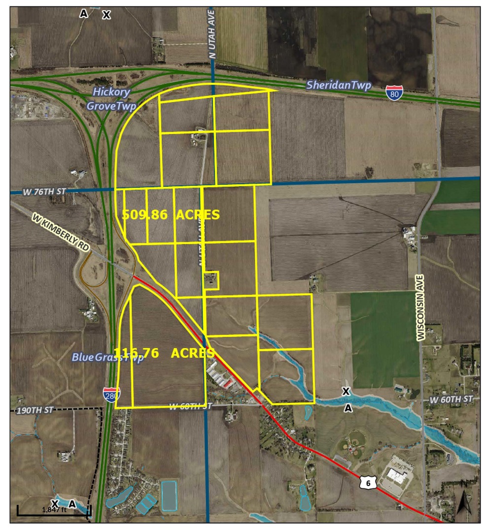 116.76 acres consisting of 2 legal parcels of Ag zoned Farm land located at the south side of Kimberly Rd/ I-280 inner change at the hi-visibility SE corner of I-80 and I-280. Flat toparchy soiled for large industrial project or small date center. Owner may consider subdivision as mutually aggraded upon. Subdivided pricing subject to size, location, use, etc.