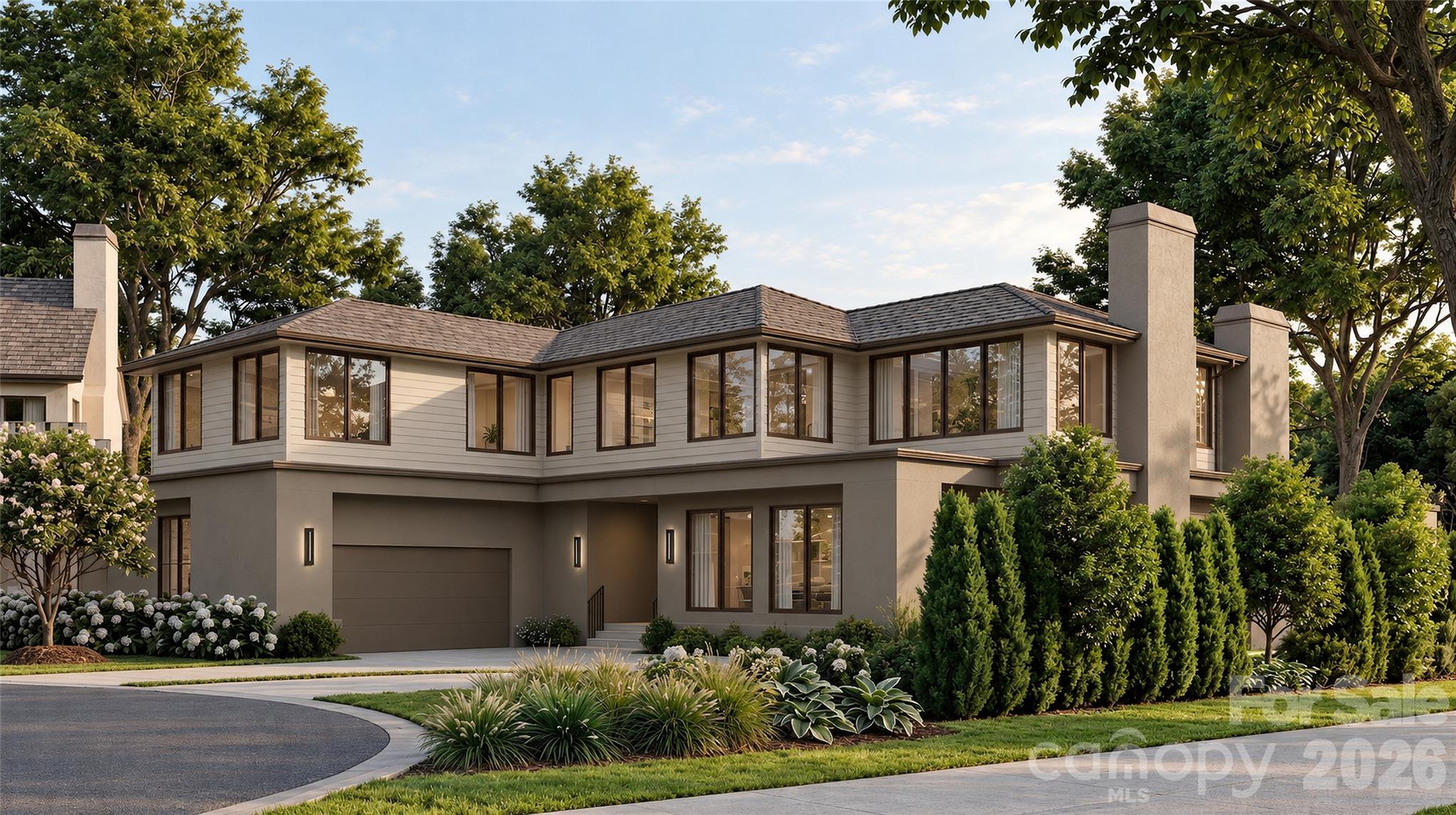 Positioned in one of Myers Park's most coveted enclaves, this newly constructed Mills Eloge home is defined by its rare combination of privacy and connectivity. It is set within a cul-de-sac on nearly half an acre, and is designed to engage its surroundings while offering a peaceful retreat.  Every interior sightline is deliberately framed to capture the grounds beyond. Enter and sense the scale and light - ceilings rise to twenty-two feet; windows placed high pulling your eyes to the sky and bringing light deep into the interior. The floorplan balances the ease of daily living with the undeniable drama of a showpiece home. The foyer opens to a living and dining area with  warm  texture and finishes. The kitchen is anchored by locally crafted custom cabinetry, Wolf and Sub-Zero appliances, supported by a full scullery with steam oven, wall oven, Cove dishwasher, and walk-in pantry — designed so hospitality never touches the chaos of preparation. The main-floor primary retreat offers the ease of single-level living, with his-and-hers closets and bathrooms that serve as private sanctuaries. A dedicated office anchors the main floor. Upstairs, four additional bedroom suites, a second-floor lounge, and an extra flex space that could work as an at home as a gym, rec room, or second office. The home opens to the covered porch with infrared heaters and wood-burning fireplace.  Continue to a saltwater pool and spa and a fully outfitted outdoor kitchen. This home has been concepted, designed and built with every square foot is considered, every room earns its place, and the scale of living feels exactly right. Mills Eloge — known for their rare balance of quality and livability — conceives architecture, interiors, and construction as a single cohesive expression. A curated home of distinction, as intentional as it is timeless. Please note, renderings are a close representation of the selections and details, but may not be 100% accurate. Full plans, specifications, and selections are available upon request.