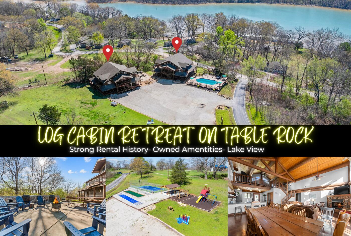 Welcome to the Kings River Lodges--two turnkey lake-view log cabins nestled along the serene shores of Table Rock Lake, where the space is big and the memories are bigger. Featuring a total of 19 bedrooms, this captivating property offers ample room to stretch out and entertain, making a lasting impression on every guest who walks through the door.The first lodge includes a spacious 5-bedroom unit downstairs and another 5-bedroom unit upstairs, complete with a cozy loft--ideal for large gatherings with a touch of privacy. The second lodge offers a versatile layout with a 5-bedroom unit and two separate 2-bedroom units, each with its own loft--perfect for accommodating multiple families or providing private spaces for guests.Pride of ownership shines throughout with beautiful, updated interiors and impeccable upkeep. What truly sets this property apart are the brand-new, private amenities designed to enhance every stay: a sparkling pool, shaded picnic pavilion, playground, basketball and pickle-ball courts, and a large grilling and outdoor fireplace area--perfect for evenings spent under the stars.With a strong rental history and stunning views of Table Rock Lake, Kings River Lodges blend rustic charm with modern comforts. Whether you're planning unforgettable reunions, hosting retreats, or simply enjoying lakefront living, this property is ready to enjoy--and ready to impress.