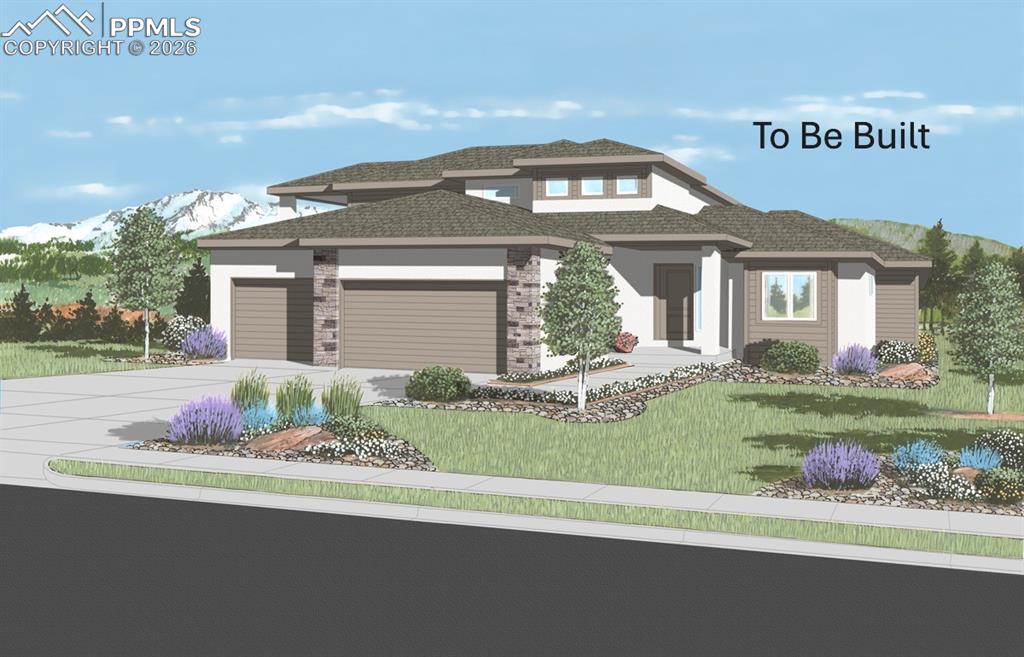 Introducing an elegant, brand-new, custom residence in the gated community of Kissing Camels Estates. This two-story luxury home is thoughtfully situated on a corner lot with Pikes Peak views. The striking exterior combines stucco and stone with engaging roof lines, creating timeless curb appeal. Inside, the main level is designed for both grand entertaining and everyday one-level living. The open-concept floorplan features a gourmet kitchen with large island, breakfast bar seating, quartz countertops, and a walk-in pantry next to the adjacent dining room and great room complete with a fireplace open to a covered patio for seamless indoor-outdoor living. Also on the main level are a private office with French doors, a guest bedroom with ensuite bath, the primary suite with spa-like bath, walk-in closet and patio walk-out, plus a convenient laundry room with sink and direct access to the 3-car attached garage. Upstairs, an open loft leads to a family room with a wet bar and walk-out to a private, covered composite deck with excellent Pikes Peak views, an ideal retreat for casual gatherings, and a third bedroom with attached bath. Modern amenities include central air, high-end design finishes throughout that can be modified to fit your taste, and an intelligent floorplan that balances private spaces with generous entertaining areas. The corner lot location maximizes light and views while the gated community provides added privacy and prestige. HOA dues include gated & roving security, and snow removal on private streets & trash removal. Walking distance to the Garden of the Gods Club & Resort, which offers numerous amenities including spa, gym, swimming pools, hot tubs, pickleball/tennis courts, and fine dining, with separate club membership. Plentiful hiking/biking trails, downtown, Manitou Springs, and Kissing Camels Golf Club close by. Easy access to I-25. Don't miss this opportunity to live in a brand-new home in an exclusive, gated community in a prime location!