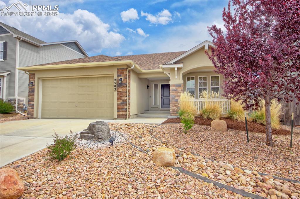 Awesome ranch features gourmet kitchen with granite counter tops, 42" designer cabinetry and hardware, gas range/oven, 4 stainless steel appliance package, counter bar, eat in nook, and huge pantry.  This one owner property has an open flowing floor plan and provides lots of natural light as well as tons of storage, and custom blinds throughout.  Other home offerings are master bathroom barn door entry and expanded spa walk in shower, a/c, living room gas fireplace with remote and elegant mantle, basement finish with extra high ceilings, and close proximity to parks, trails, restaurants, and shopping.  Curbside appeal with mature landscaping and rocking chair front covered porch welcomes you...low maintenance living with stucco/stone siding and artificial grass/xeriscape allowing you to enjoy life, makes you want to stay...welcome home.