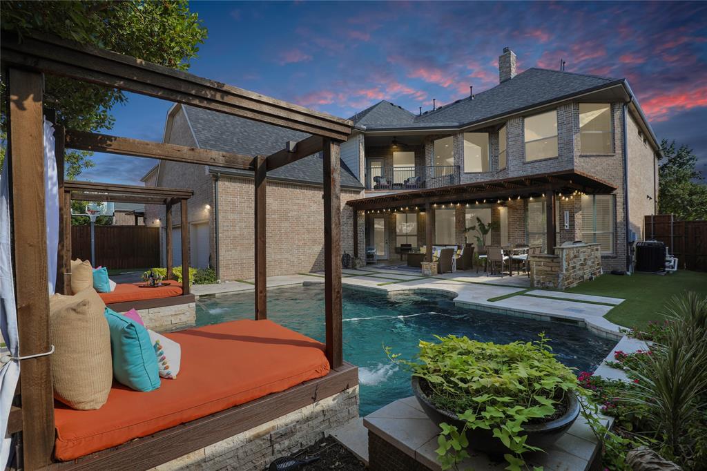 It is your time to move! This home is priced to sell...Located in the prestigious Christie Ranch Estates  community in Frisco, TX, this gorgeous 5-bedroom, 4.5-bathroom home combines timeless elegance with modern comfort. The neighborhood features a community pool, tennis courts, scenic sidewalks, and more—ideal for those seeking both relaxation and recreation.

A grand foyer with soaring ceilings opens into a light-filled living area with two-tiered windows overlooking the beautifully landscaped backyard. The outdoor space is a true retreat, boasting a sparkling pool with a built-in Jacuzzi, soothing water features, and cabanas—perfect for entertaining or unwinding in luxury. A grand fireplace anchors the living room, which flows seamlessly into the chef’s kitchen.

The kitchen offers high-end appliances, an island with breakfast bar, a cozy breakfast nook, recessed lighting, built-in desk, and a butler’s pantry—both stylish and functional.

A dedicated home office with French doors, built-in shelving, and custom wood trim provides a quiet space to work. The formal dining room features coffered ceilings and offers an elegant setting for gatherings.

Upstairs includes a spacious game room with bar and a private media room with projector, double doors, and built-in speakers—your own home theater.

The primary suite impresses with coffered ceilings, a bay window, dual vanities, soaking tub, tiled walk-in shower, water closet, and lighted mirrors. Secondary bedrooms are generously sized. A rear-entry 2-car garage completes this exceptional home.

This Christie Ranch residence is more than a home—it’s a lifestyle.

Discounted rate options and no lender fee future refinancing may be available for qualified buyers of this home.