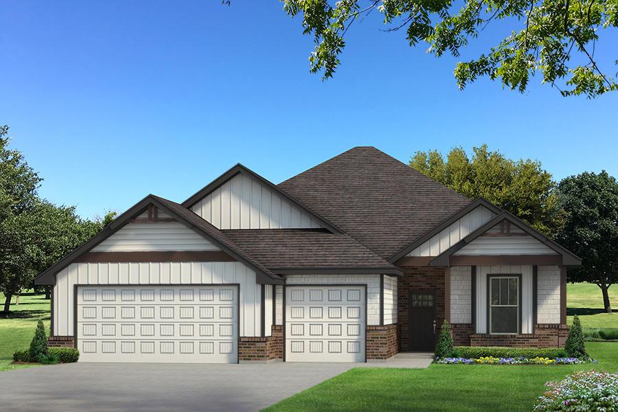 This Mallory floor plan includes 2,420 Sq Ft of total living space, which features 2,100 Sq Ft of indoor living space and 320 Sq Ft of outdoor living space. There is also a 645 Sq Ft, three-car garage with an in-ground storm shelter installed. This incredibly spacious home welcomes 4 bedrooms, 2 bathrooms, a mudroom featuring a mudbench, utility room, and 2 covered patios. The oversized kitchen boasts a straight kitchen island with a trash can pullout, custom-built cabinets to the ceiling, stainless steel appliances, including a 5-burner cooktop, cabinet hardware, exclusive pendant lighting, 3 CM countertops, upgraded tile backsplash, a corner pantry, and wood-look tile flooring. The well-lit living room welcomes a corner fireplace with a stacked stone detail to the ceiling and three windows to complement. This area also features Cat6 wiring, rocker switches throughout, and high ceilings with a coffered detail and a ceiling fan. Behind this area lies the primary suite. This bedroom spotlights a sloped ceiling with a ceiling fan, carpeted flooring, and two large windows. The attached primary bathroom welcomes a dual sinky vanity with framed mirrors, 3 CM countertops, tile flooring, a free-standing tub, a private water closet, a European walk-in shower, and an expansive primary closet. All secondary bedrooms rest towards the front of the home and embrace carpeted flooring, windows, high ceilings with ceiling fans, and spacious closets. This covered outdoor living area features a wood-burning fireplace, a gas line, and a TV hookup. Other incredible amenities featured in this new home include healthy home technology, a tankless water heater, R-44 insulation, and so much more!