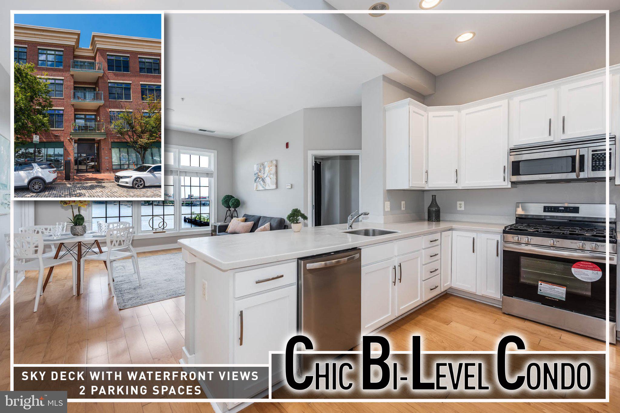 Experience elevated waterfront living in this chic and sophisticated bi-level condominium, perfectly positioned in one of Baltimore’s most desirable waterfront locations and offering the rare convenience of two-car parking. Boasting over 1,800 square feet of beautifully appointed living space, this exceptional residence is framed by unobstructed water views throughout, creating a stunning backdrop from nearly every room.  The main level showcases gleaming hardwood floors, an inviting open-concept layout, and a beautifully designed Chef’s kitchen featuring sleek Quartz countertops, stainless-steel appliances, and ample cabinetry. The sundrenched living room is enhanced by expansive windows and offers direct access to a private balcony with dual entry, creating the perfect setting for morning coffee or evening cocktails while taking in the ever-changing waterfront scenery.  The luxurious Primary Suite provides a tranquil retreat with a generous walk-in closet and spa-inspired full bath complete with dual vanities, a large soaking tub, and a separate shower. A spacious second bedroom with a hall full bath provides comfort for family or guests.  The upper level elevates the lifestyle even further with a spacious family room that opens to an expansive private sky deck, where panoramic water views create an extraordinary setting for entertaining, dining al fresco, or simply unwinding against the waterfront backdrop. Two-car parking adds an exceptional level of convenience to this coveted city residence.  Ideally located in the heart of Fells Point, this home places you just steps from the vibrant waterfront, Harbor Point and Harbor East, renowned restaurants, boutique shops, galleries, nightlife, the Sagamore Pendry, and the water taxi. A truly distinctive opportunity to enjoy luxury, space, views, and an unmatched waterfront lifestyle in the heart of Baltimore.