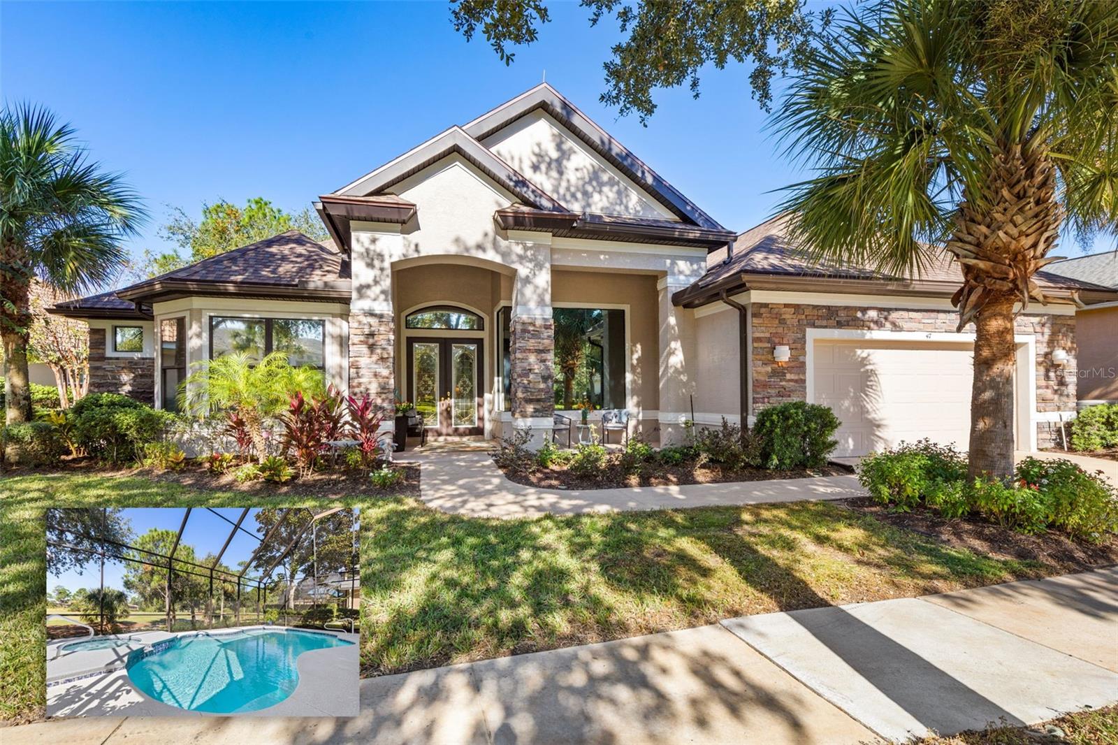 Welcome to 47 Eastlake Drive, ideally situated within the gated community of Grand Haven. Offering a beautiful blend of comfort, style, and Florida living, this inviting home features a stunning, wide, golf course view as soon as you walk through the front door that creates a picturesque backdrop for everyday living and entertaining. This home has been thoughtfully updated throughout. Inside, the living room features an electric fireplace, adding warmth and ambiance to the space. The kitchen features solid wood cabinetry, granite counters, double ovens, a new dishwasher, an island with storage, & a functional pantry. The primary bath has been remolded creating a spa like vibe with a stand-alone bathtub, walk in shower, & quartz counter double sink vanity. The primary suite also includes dual walk-in closets with closet systems. Step outside from your primary suite to enjoy your own private heated pool and spa, both recently refinished and re-tiled for a refreshed look. Whether you're enjoying a quiet morning, entertaining guests, or relaxing poolside while taking in the expansive golf course views, this outdoor retreat captures the best of the Florida lifestyle. A versatile bonus room on the first floor has a closet & offers flexibility for another bedroom, private home office, den, or additional living area to suit your needs. Upstairs you will find a larger bonus space or 4th bedroom that could be a spacious guest or mother-in-law suite, theatre, or hobby room, with a full bathroom & beautiful balcony overlooking the Grand Haven Jack Nicklaus Golf Course.  Additional features include a **new roof installed in 2021** and a well for irrigation, helping maintain the landscaping while reducing watering cost.Grand Haven offers beautiful community lifestyle with scenic walking and biking trails, fitness centers, heated community pools, tennis, pickleball, and a variety of recreational amenities. Golf club membership is optional and available separately. If you're looking for an updated home with beautiful views, a charming front porch, a private pool and spa, flexible living space, and an exceptional community setting, 47 Eastlake Drive is a wonderful opportunity to enjoy the Grand Haven lifestyle.