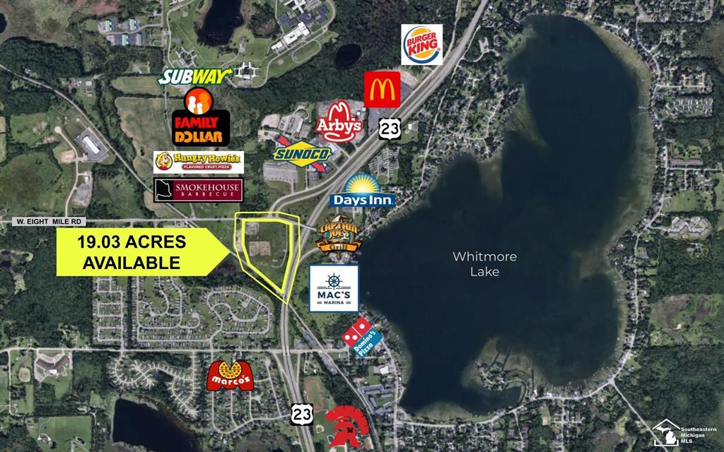 Prime Development Property - 20 Acres  Discover an exceptional opportunity with this expansive 20-acre development property, strategically positioned for a multitude of commercial purposes. Ideally suited for e-commerce distribution, retail establishments, big-name brand outlets, and the creation of vibrant shopping centers, this parcel of land holds immense potential.  Location is key, and this property boasts an enviable position adjacent to the I-23 freeway at the 8 Mile Rd. South West Corner, precisely at Exit 53. The recent addition of roundabouts to the nearby interchange enhances accessibility, making it even more appealing for potential investors and businesses.  Situated conveniently between the thriving communities of Ann Arbor and Brighton, this property benefits from a central location in a high-traffic area, ensuring maximum visibility and accessibility for your future business endeavors.  Additionally, the property is thoughtfully zoned as General Commercial, allowing for a wide range of development possibilities. Practicality meets efficiency as all essential utilities are readily available at the site, streamlining the development process and reducing potential hurdles.  In summary, this 20-acre gem of a development property represents a golden opportunity for those looking to capitalize on its prime location, versatile zoning, and accessibility, making it a compelling choice for businesses seeking a strategic foothold in this dynamic region. Don't miss the chance to bring your commercial vision to life on this exceptional property.