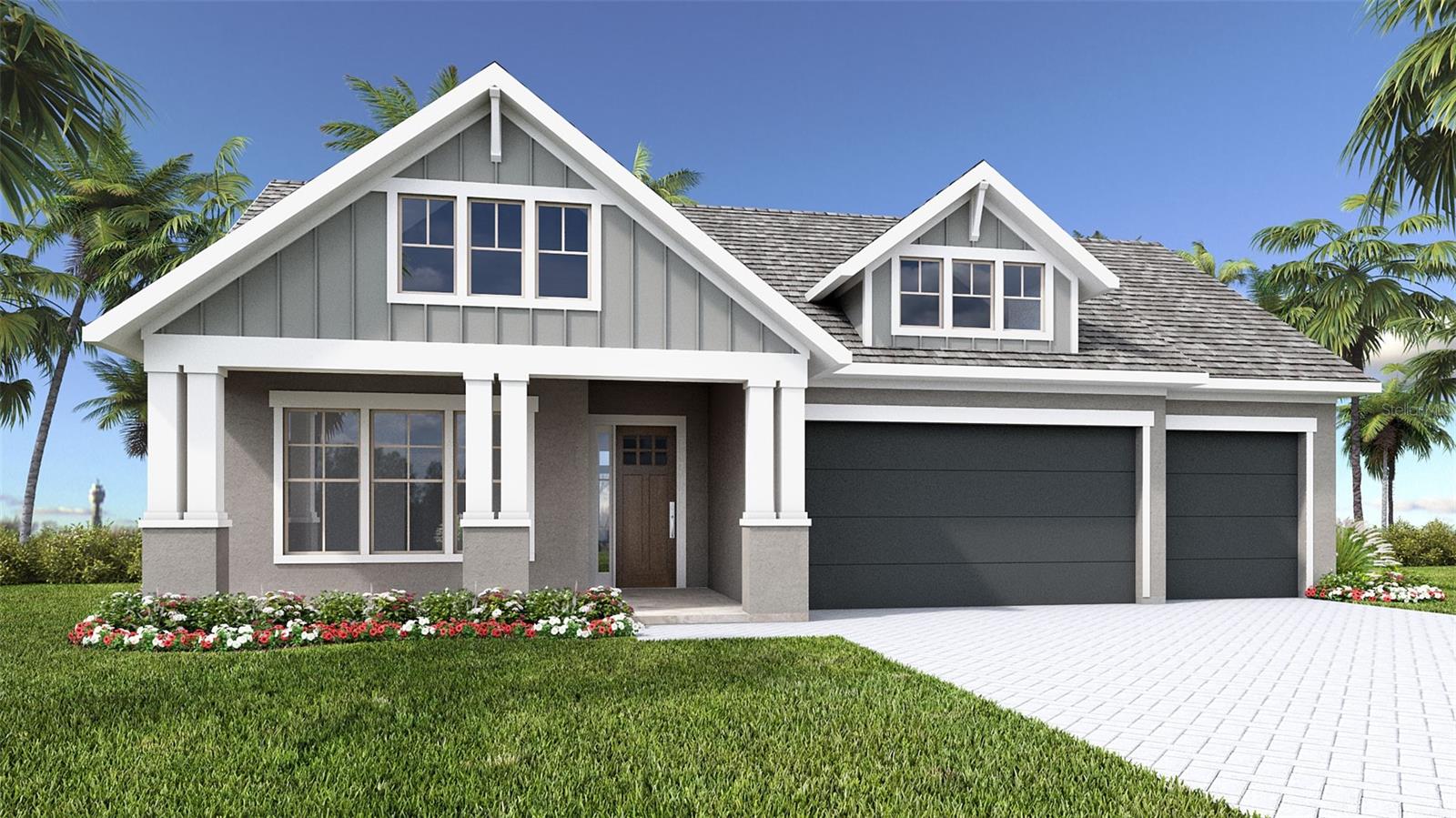 Under Construction. A welcoming front porch opens into the homes extended entryway. Two secondary bedrooms are off the main hallway and feature walk-in closets and share a Hollywood bathroom and linen closet. The family room is at the center of the home and boasts a wall of windows. A bonus flex room with a wall of windows is adjacent to the family room. The kitchen boasts a large island with built-in seating and a walk-in pantry. The dining area is embraced by a corner of windows and allows access to the covered lanai. The primary bedroom boasts a large window overlooking the backyard. The primary bathroom offers dual vanities, a garden tub, large glass enclosed shower, and two walk-in closets. A secluded guest suite with a full bathroom is located off the main hallway. The laundry room is centrally located by the drop zone and three-car garage.