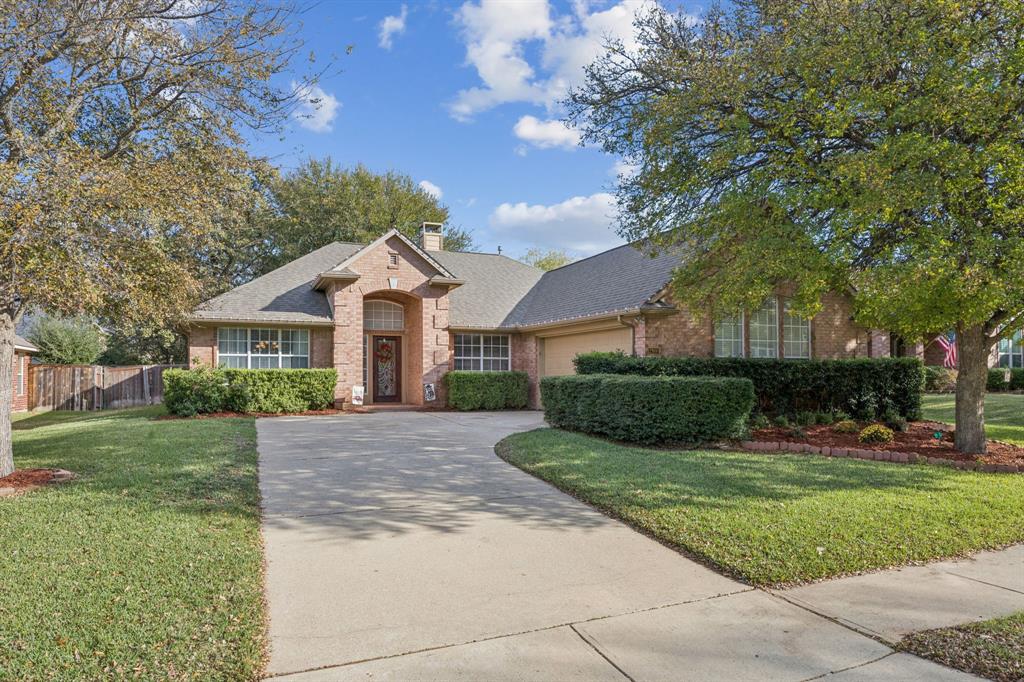 Beautiful single-story home in the highly desired Lake Forest community known for its mature trees, walking trails, and timeless neighborhood appeal! This open, bright floorplan features two living areas, two dining areas, and a private office, offering flexibility for work, entertaining, and everyday comfort. The kitchen shines with granite countertops, stainless steel appliances, and a seamless connection to the living spaces. A vaulted ceiling and cozy fireplace anchor the main living room, creating a warm gathering spot. The spacious primary suite offers everyday comfort with a double vanity, glass shower, and excellent closet space. Relax in the tree-shaded backyard with a welcoming patio. Recent AC and water heater 2024 for peace of mind. Residents enjoy access to community parks, ponds, playgrounds, and paved trails. Top rated schools and all are in walking distance! With shopping, dining, and medical services just minutes away, this home delivers convenience, comfort, and an ideal location.