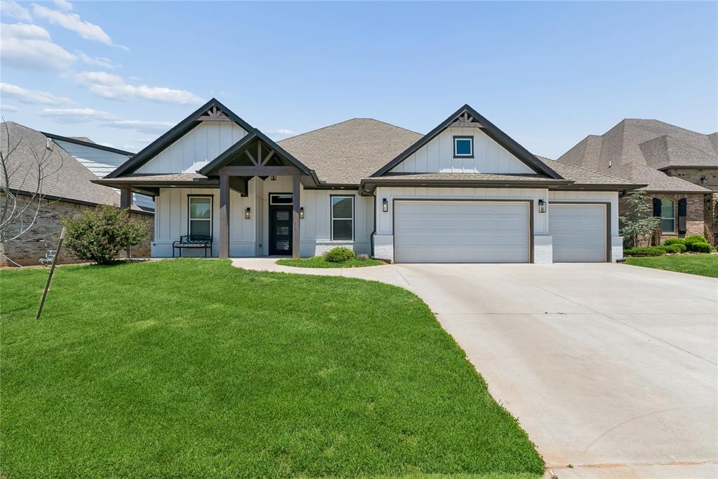 **OPTION FOR VA ASSUMABLE LOAN @ 3.6% RATE**This Stunning Craftsman Style home in the heart of Norman offers 4 bedrooms, 2 full baths, and a powder room for guests with a thoughtfully designed open concept layout. Inside, you'll find soaring vaulted ceilings, abundant natural light, and stylish modern finishes throughout. The spacious kitchen features a massive marble island, shiplap accents, cabinet lighting, black hardware, and a farmhouse sink perfect for entertaining. French doors open to a versatile fourth bedroom or study, while a barn door leads to secondary bedrooms with a Jack and Jill bath. The luxurious primary suite includes a spa inspired shower, freestanding soaking tub, and a custom closet connected directly to the laundry room, then garage.